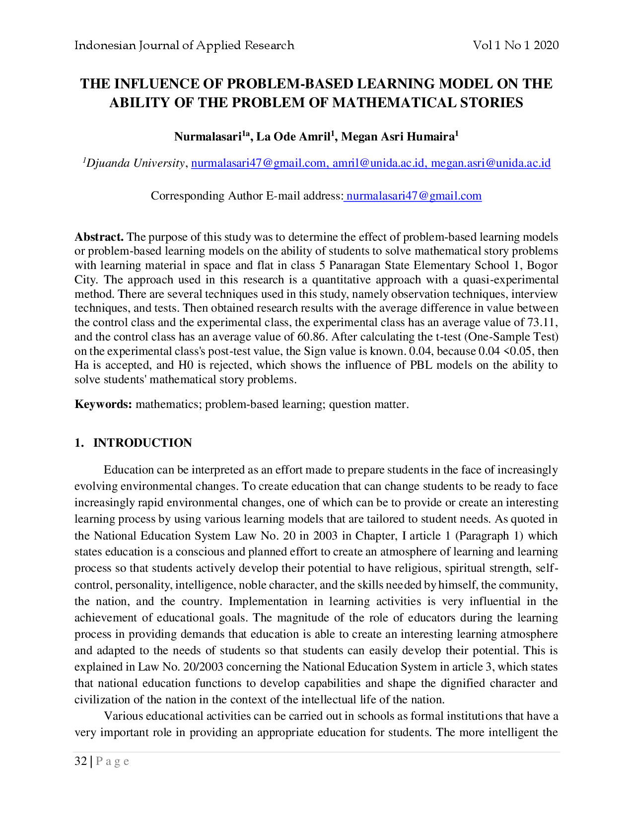 juris The Influence of Problem Based Learning Model on The Ability of The Problem of Mathematical Stories