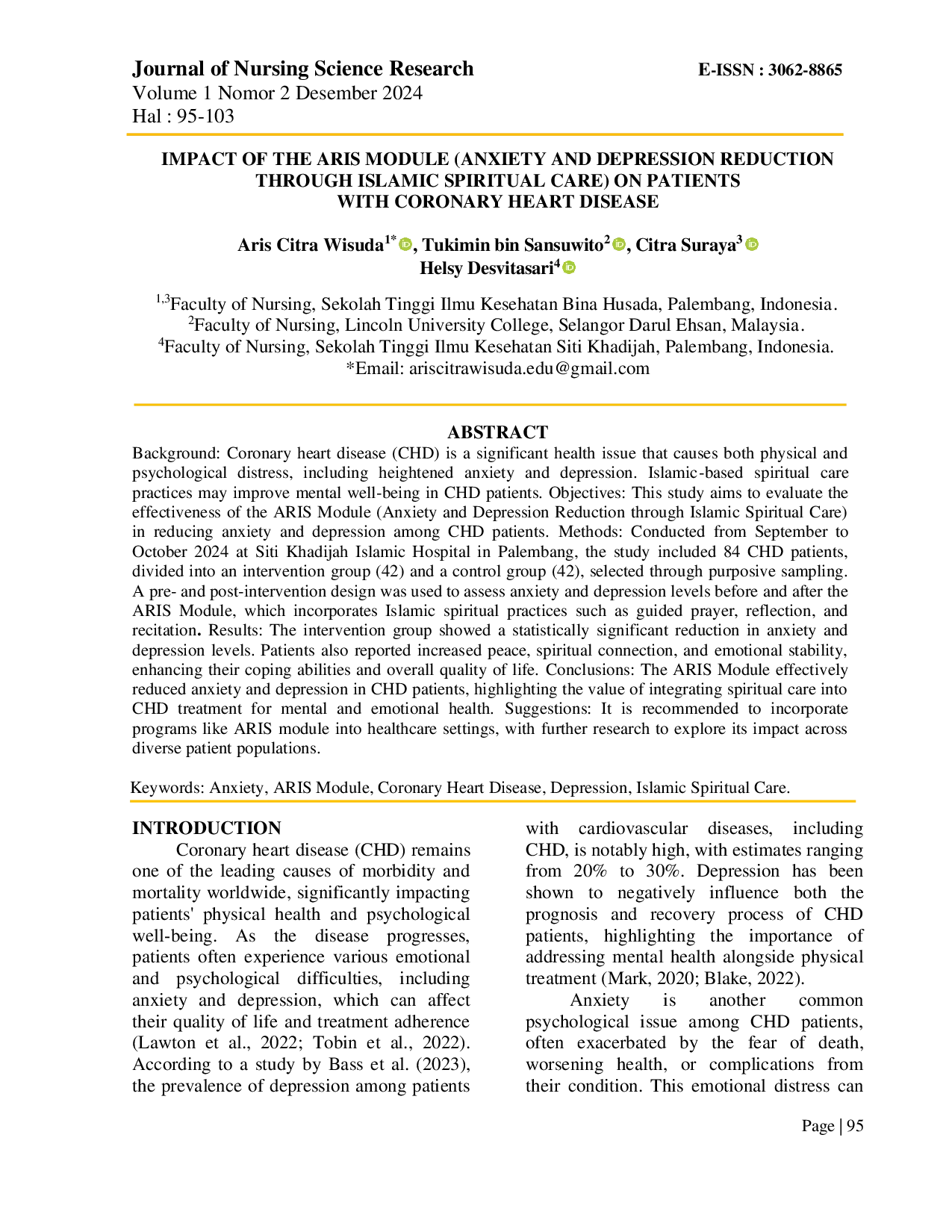 JURIS Dampak Modul ARIS Reduksi Kecemasan dan Depresi Melalui Perawatan Spiritual Islam pada Pasien dengan Penyakit Jantung Koroner