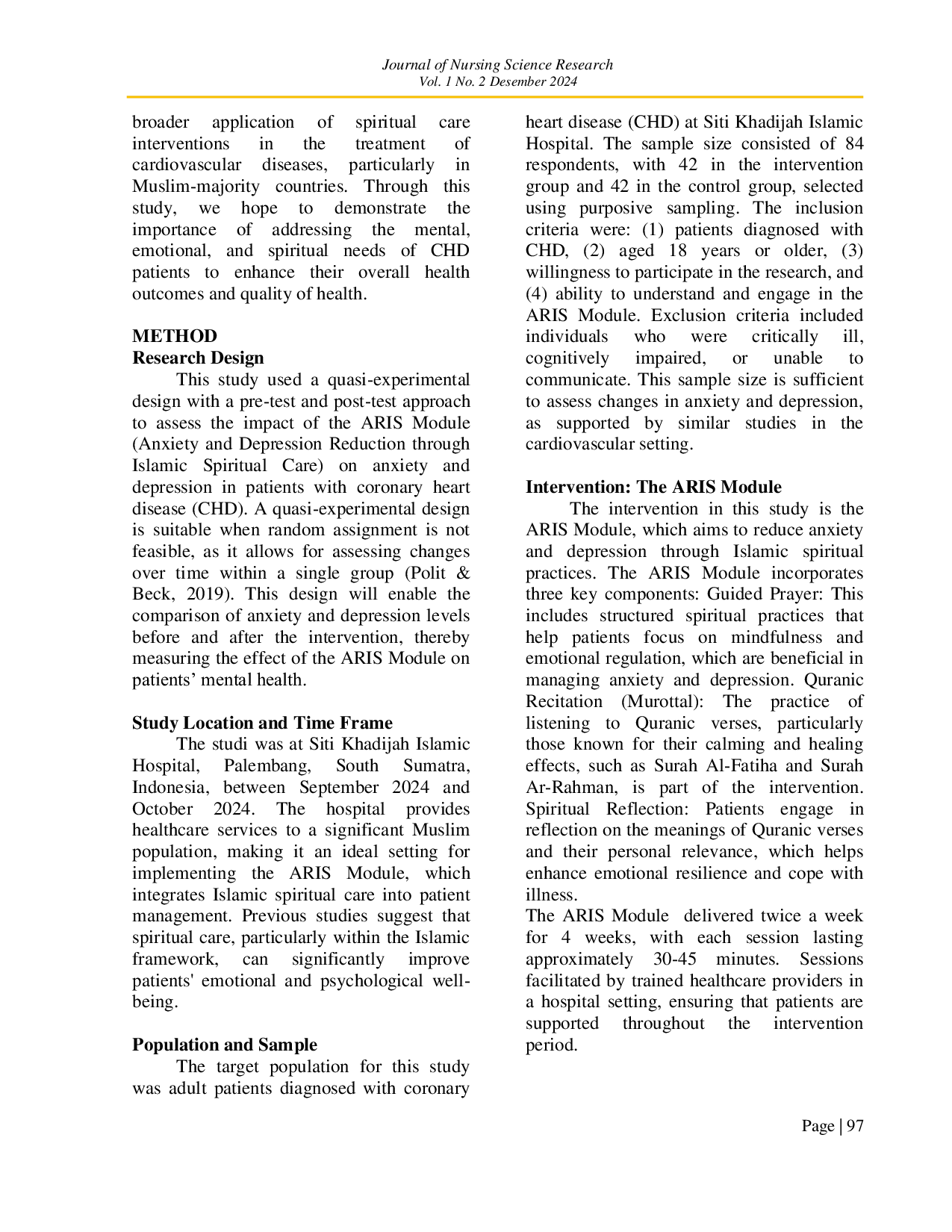 JURIS Dampak Modul ARIS Reduksi Kecemasan dan Depresi Melalui Perawatan Spiritual Islam pada Pasien dengan Penyakit Jantung Koroner