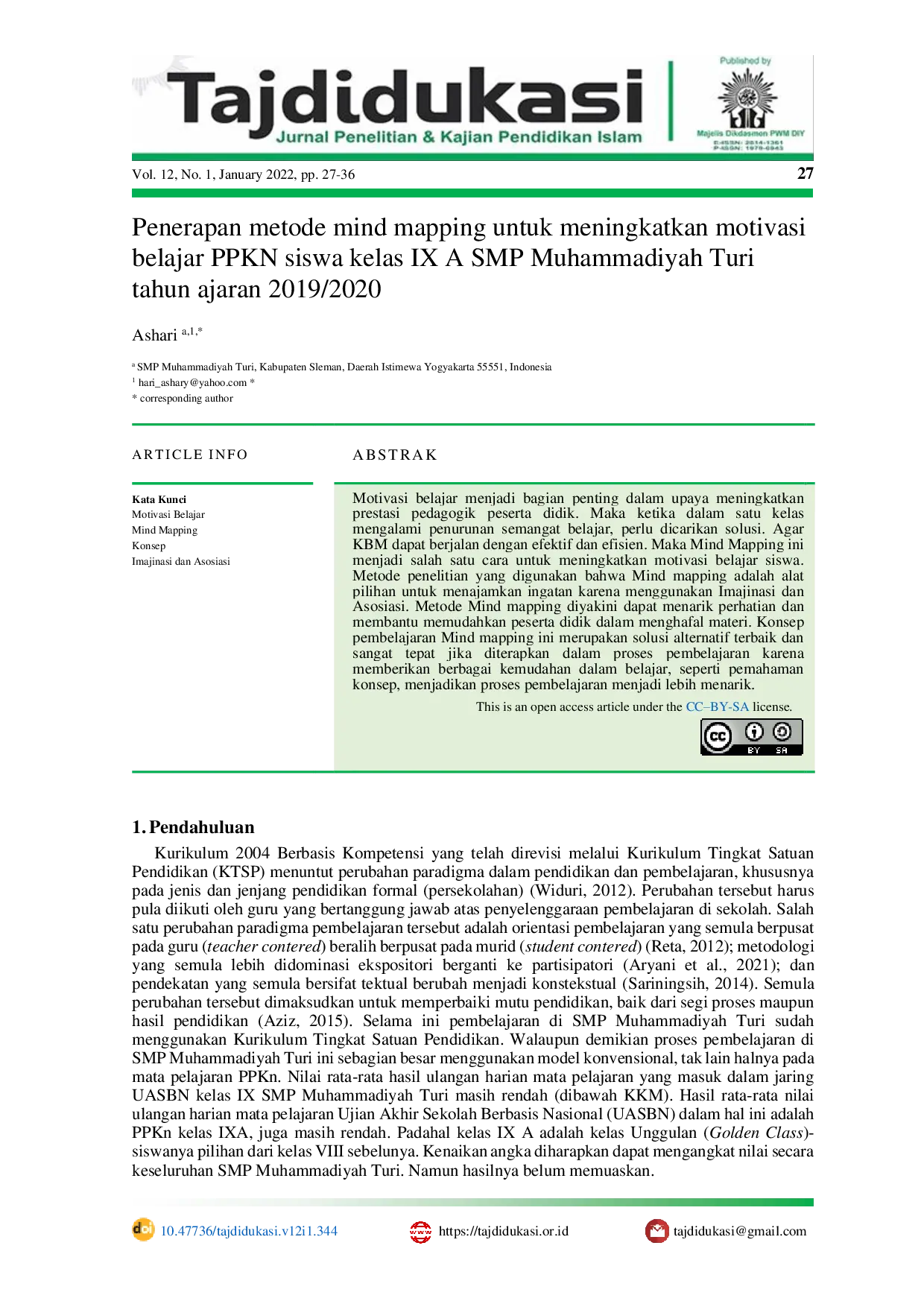 JURIS Penerapan metode mind mapping untuk meningkatkan motivasi belajar PPKN siswa kelas IX A SMP Muhammadiyah Turi tahun ajaran 2019 2020