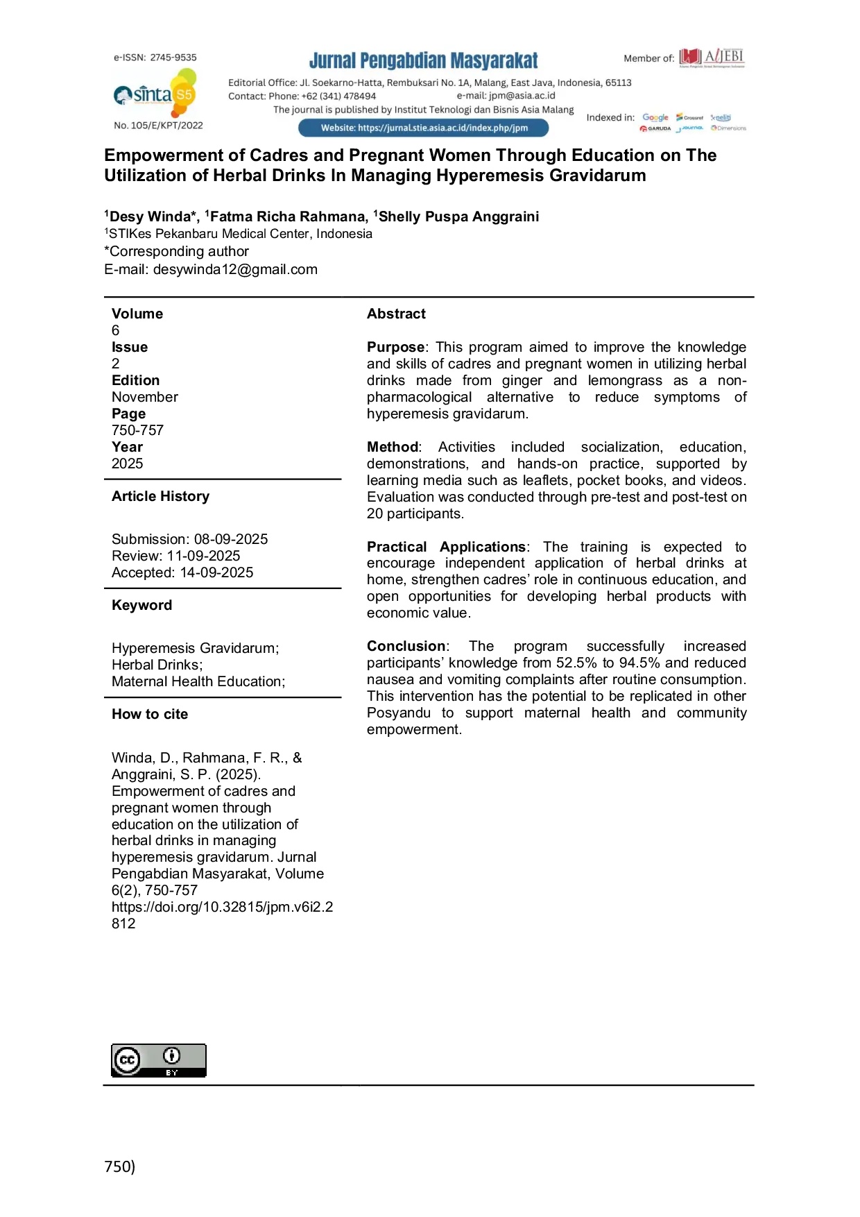 JURIS Empowerment of Cadres and Pregnant Women Through Education on The Utilization of Herbal Drinks In Managing Hyperemesis Gravidarum