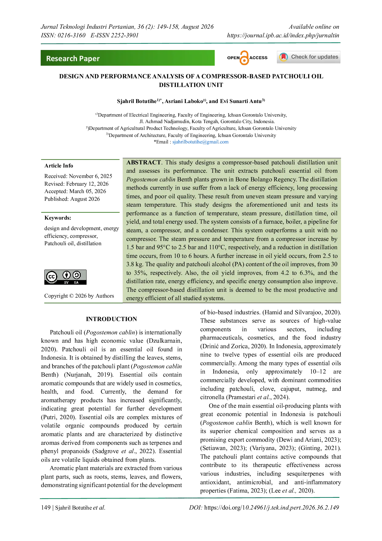 JURIS Design and Performance Analysis of a Compressor Based Patchouli Oil Distillation Unit