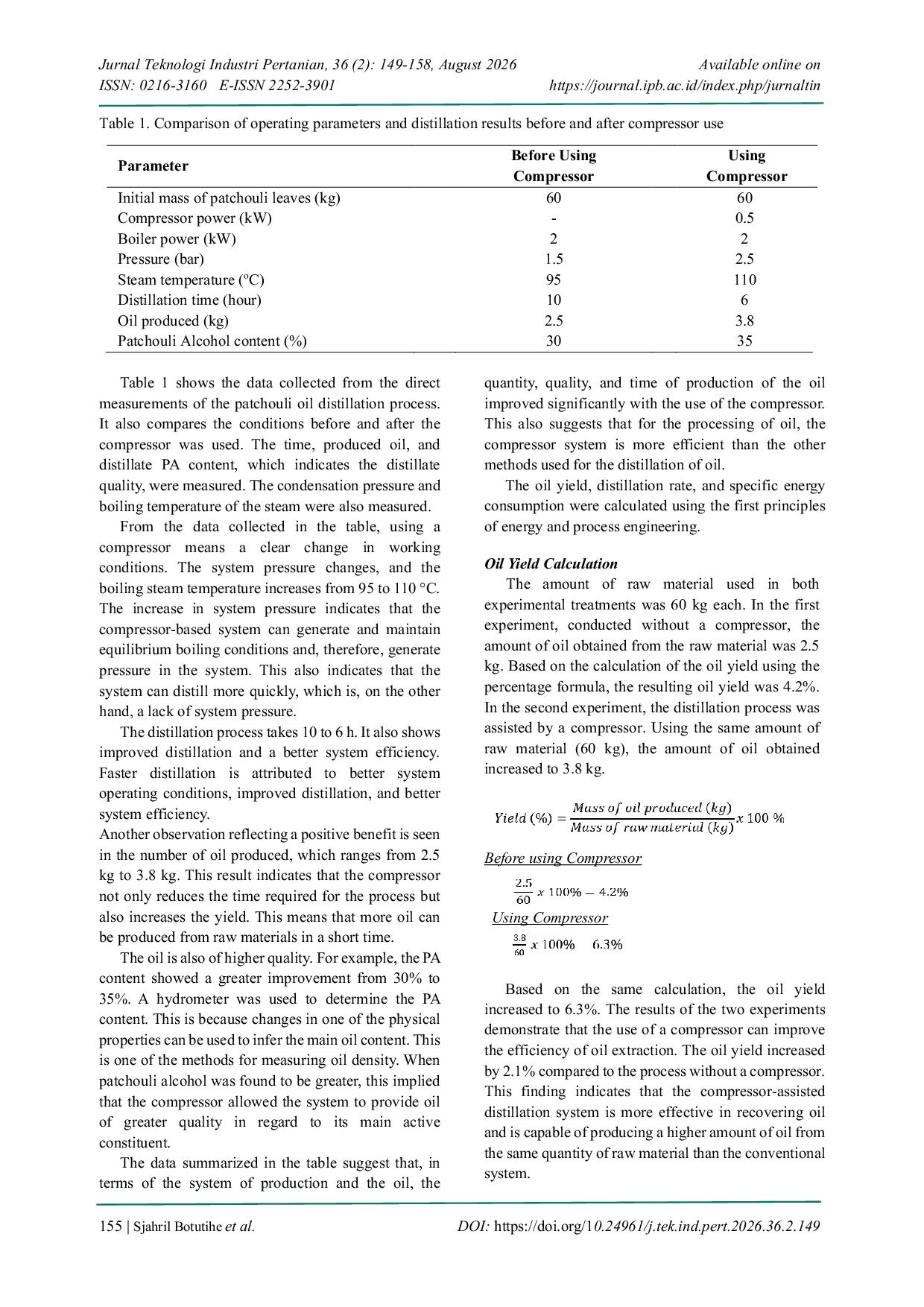 JURIS Design and Performance Analysis of a Compressor Based Patchouli Oil Distillation Unit