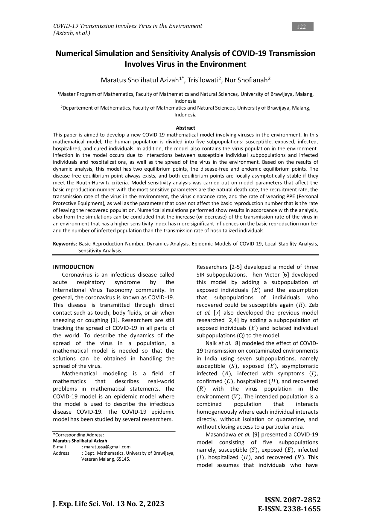 JURIS Numerical Simulation and Sensitivity Analysis of COVID 19 Transmission Involves Virus in the Environment