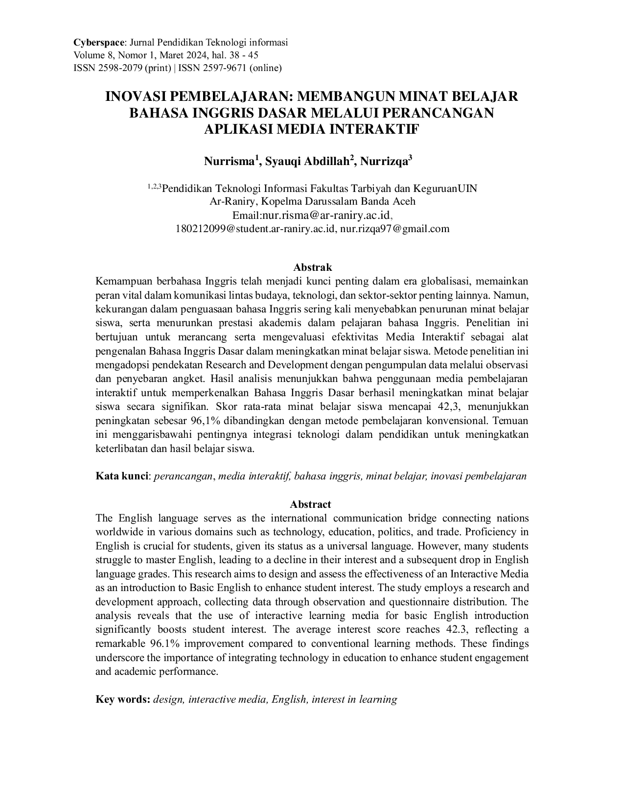 JURIS Inovasi Pembelajaran Membangun Minat Belajar Bahasa Inggris Dasar Melalui Perancangan Aplikasi Media Interaktif