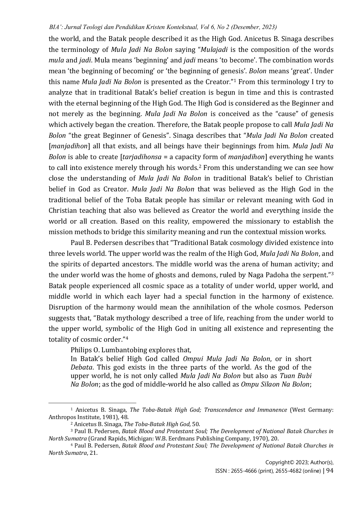 JURIS Examining Mula Jadi Na Bolon in the Traditional Belief of Toba Batak People