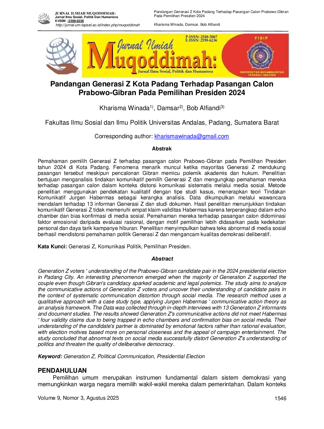 JURIS Pandangan Generasi Z Kota Padang Terhadap Pasangan Calon Prabowo Gibran Pada Pemilihan Presiden 2024