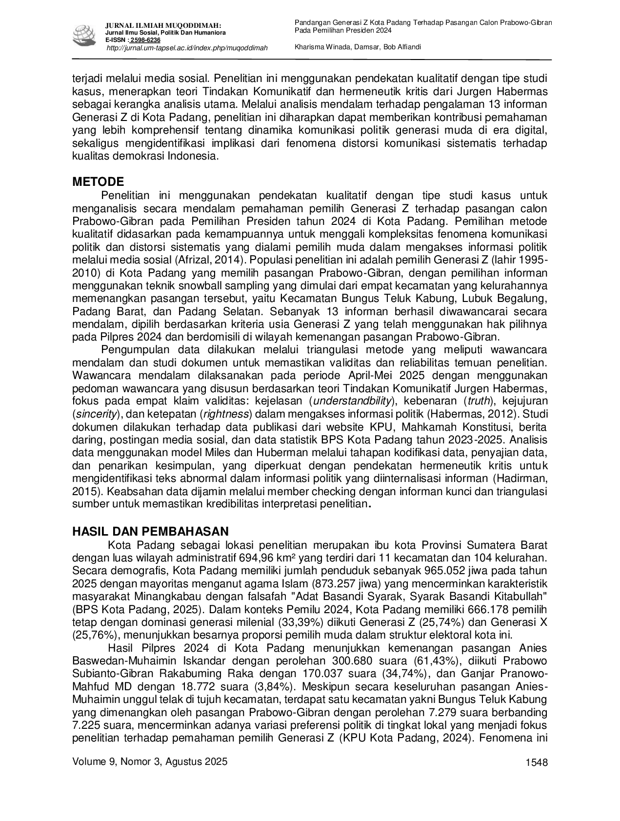 JURIS Pandangan Generasi Z Kota Padang Terhadap Pasangan Calon Prabowo Gibran Pada Pemilihan Presiden 2024