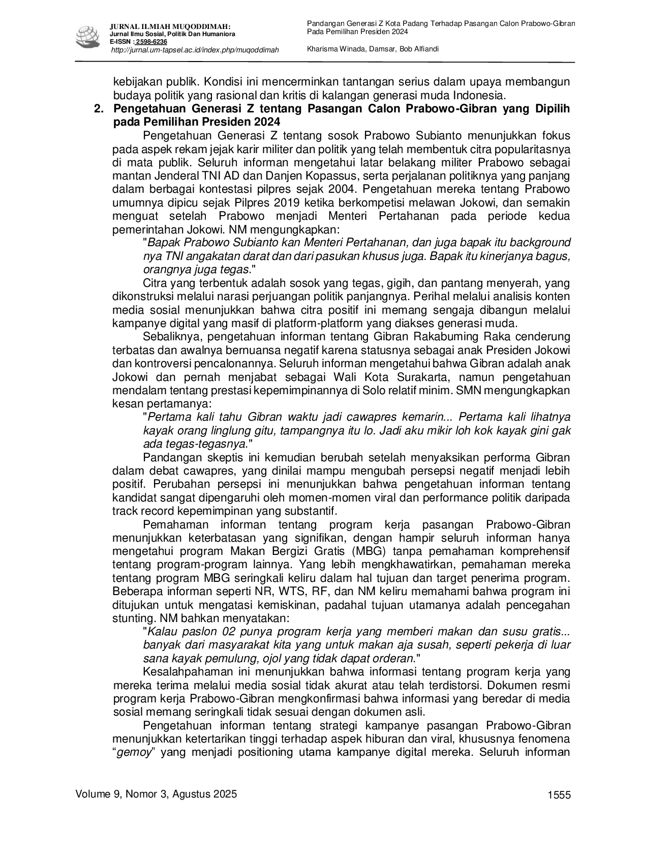 JURIS Pandangan Generasi Z Kota Padang Terhadap Pasangan Calon Prabowo Gibran Pada Pemilihan Presiden 2024