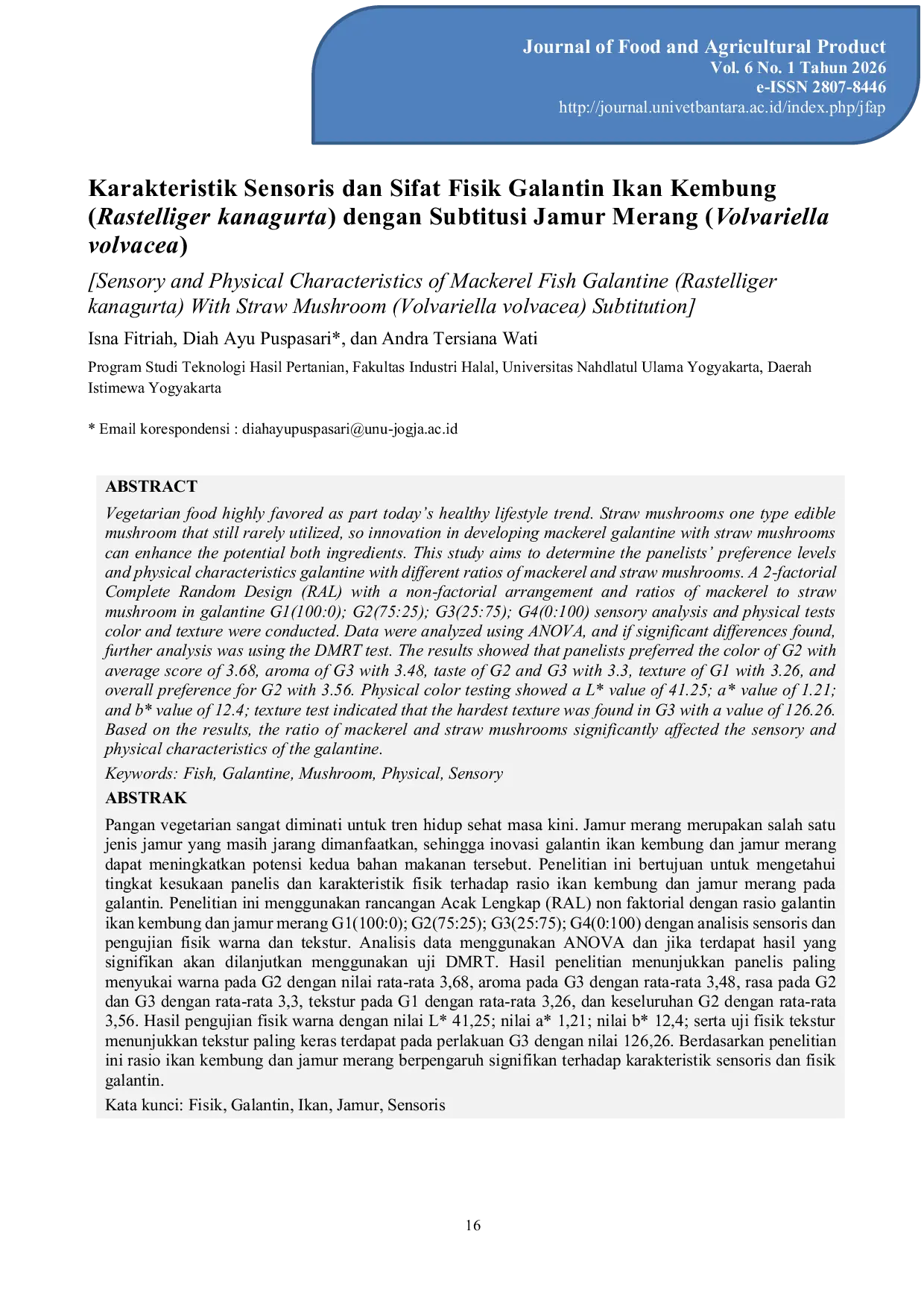 JURIS Sensory and Physical Characteristics of Mackerel Fish Galantine Rastelliger kanagurta With Straw Mushroom Volvariella volvacea Subtitution