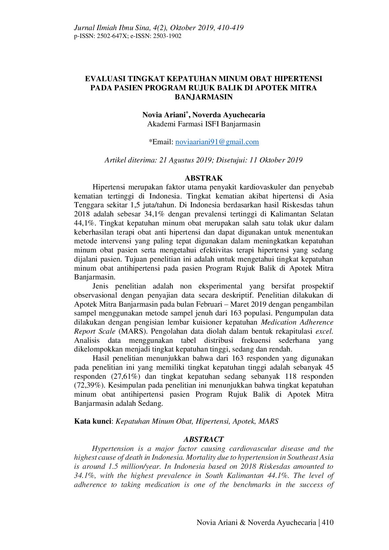 JURIS Evaluasi Tingkat Kepatuhan Minum Obat Hipertensi Pada Pasien Program Rujuk Balik Di Apotek Mitra Banjarmasin