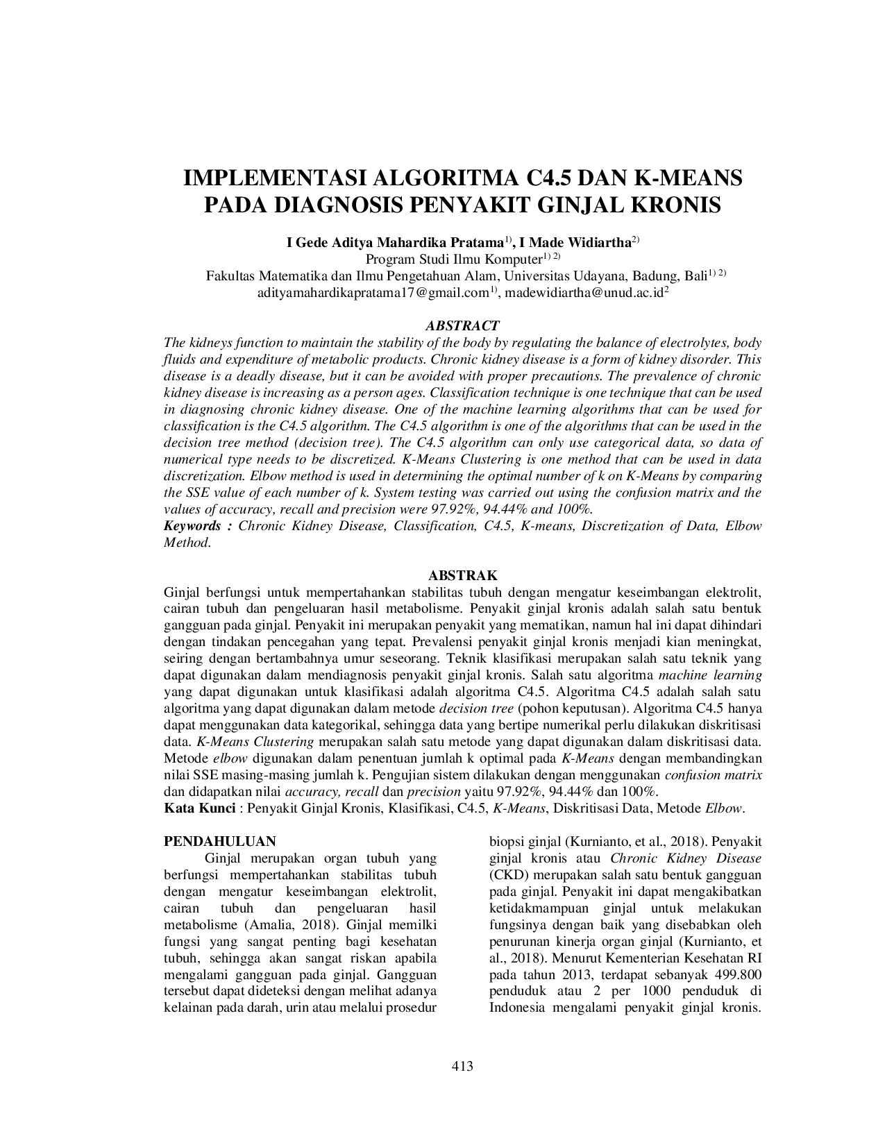 JURIS Implementasi Algoritma C4 5 dan K Means pada Diagnosis Penyakit Ginjal Kronis