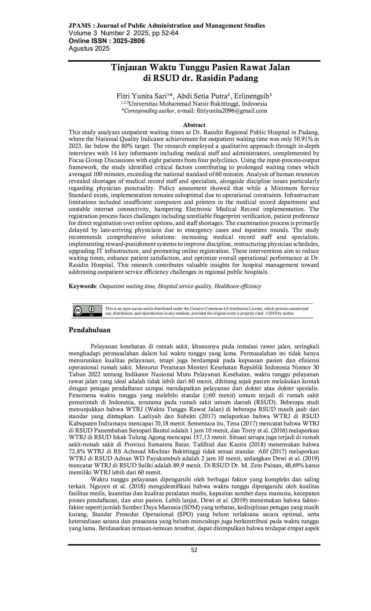 JURIS Tinjauan Waktu Tunggu Pasien Rawat Jalan di RSUD dr Rasidin Padang