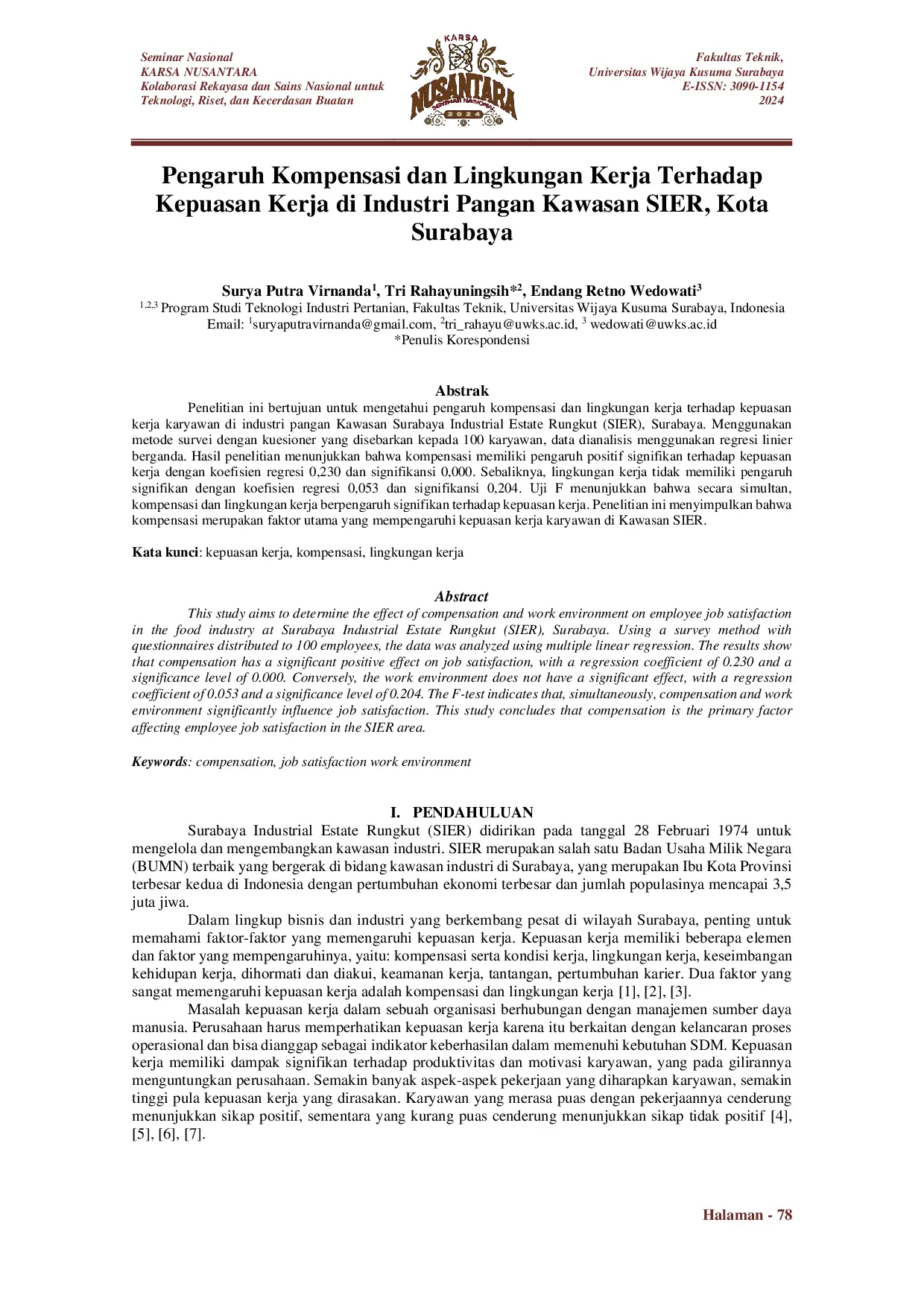 JURIS Pengaruh Kompensasi dan Lingkungan Kerja Terhadap Kepuasan Kerja di Industri Pangan Kawasan SIER Kota Surabaya