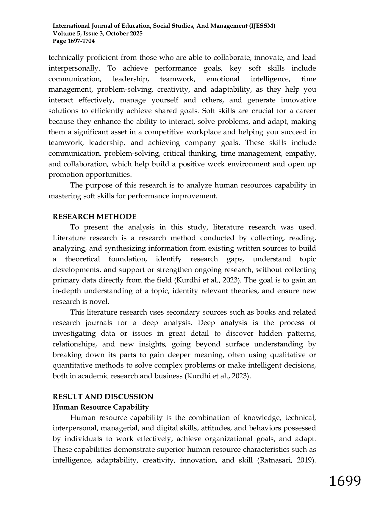JURIS Analysis of Human Resource Capability in Mastering Soft Skills for Performance Improvement
