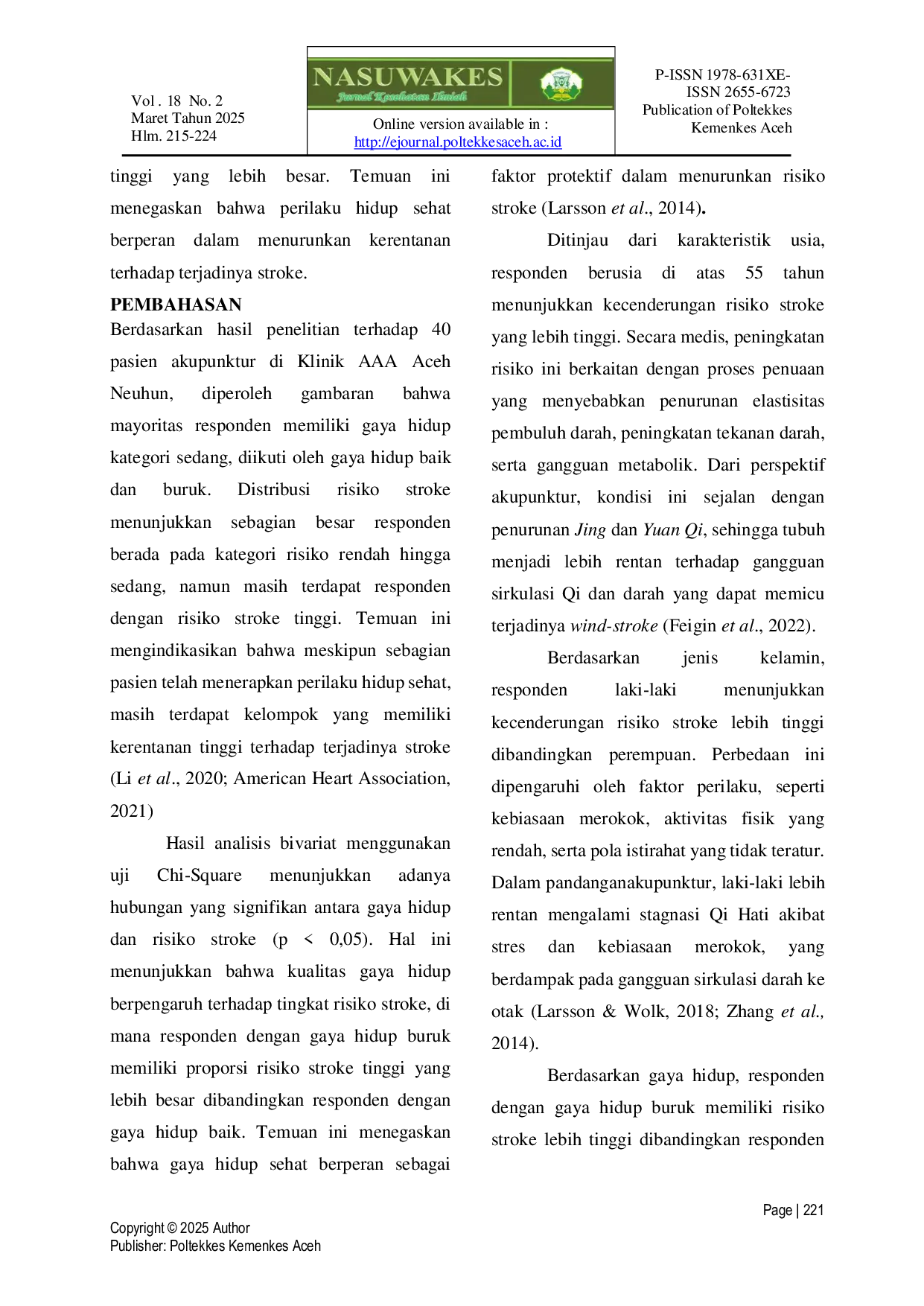 JURIS Hubungan Gaya Hidup Sehat Dengan Risiko Terjadinya Stroke Pada Pasien Akupunktur Di Klinik Aaa Aceh Neuhun