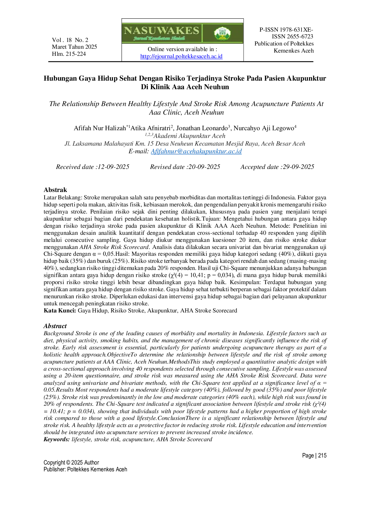 JURIS Hubungan Gaya Hidup Sehat Dengan Risiko Terjadinya Stroke Pada Pasien Akupunktur Di Klinik Aaa Aceh Neuhun