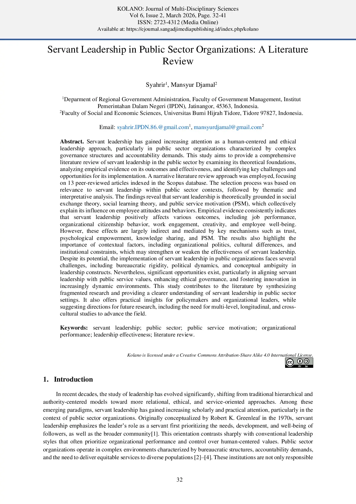 JURIS Servant Leadership in Public Sector Organizations A Literature Review