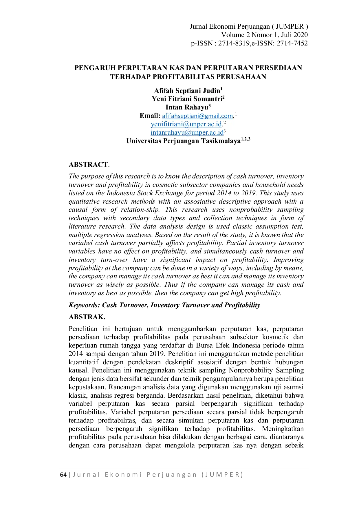 JURIS Pengaruh Perputaran Kas Dan Perputaran Persediaan Terhadap Profitabilitas Perusahaan