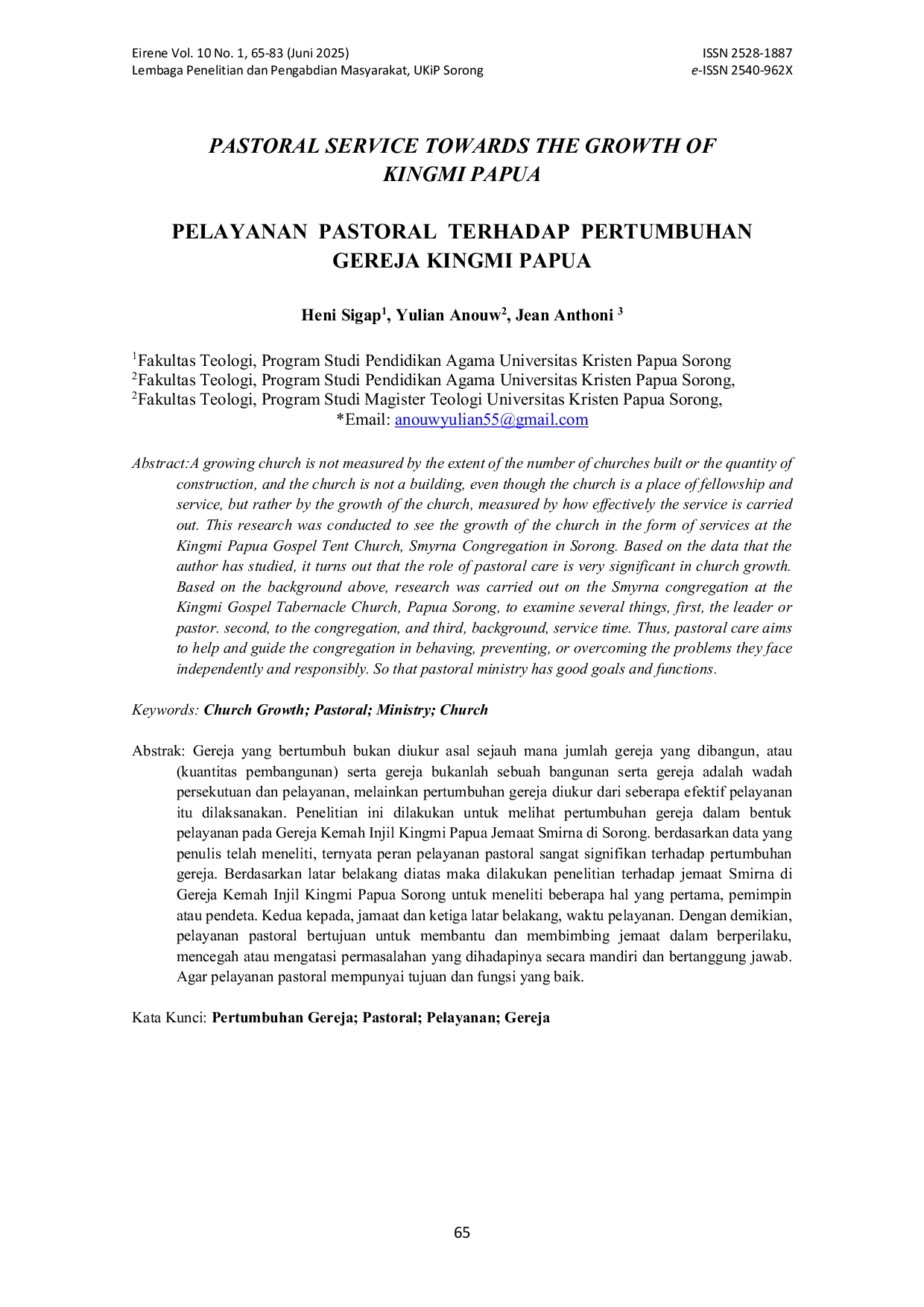 JURIS Pastoral Service Towards The Growth Of Kingmi Papua