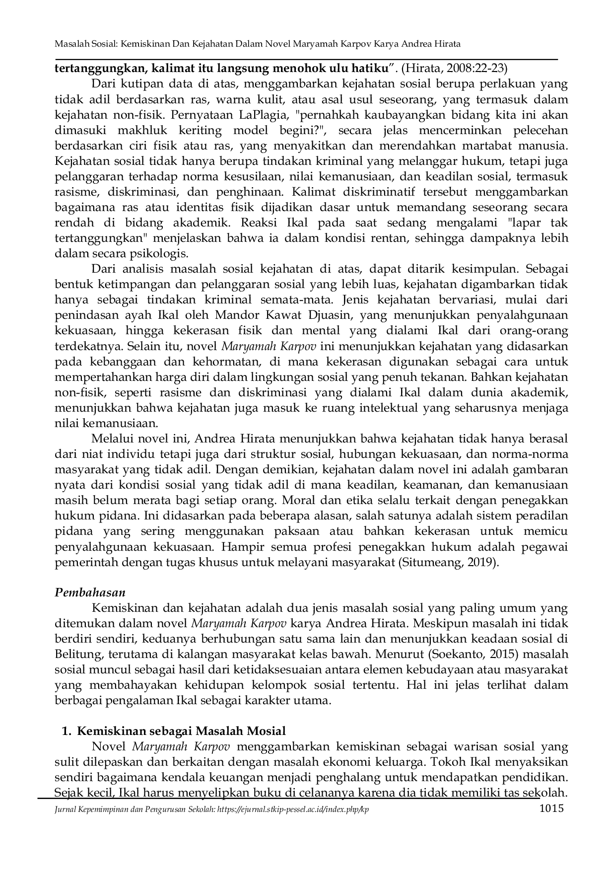 JURIS Masalah Sosial Kemiskinan dan Kejahatan dalam Novel Maryamah Karpov Karya Andrea Hirata