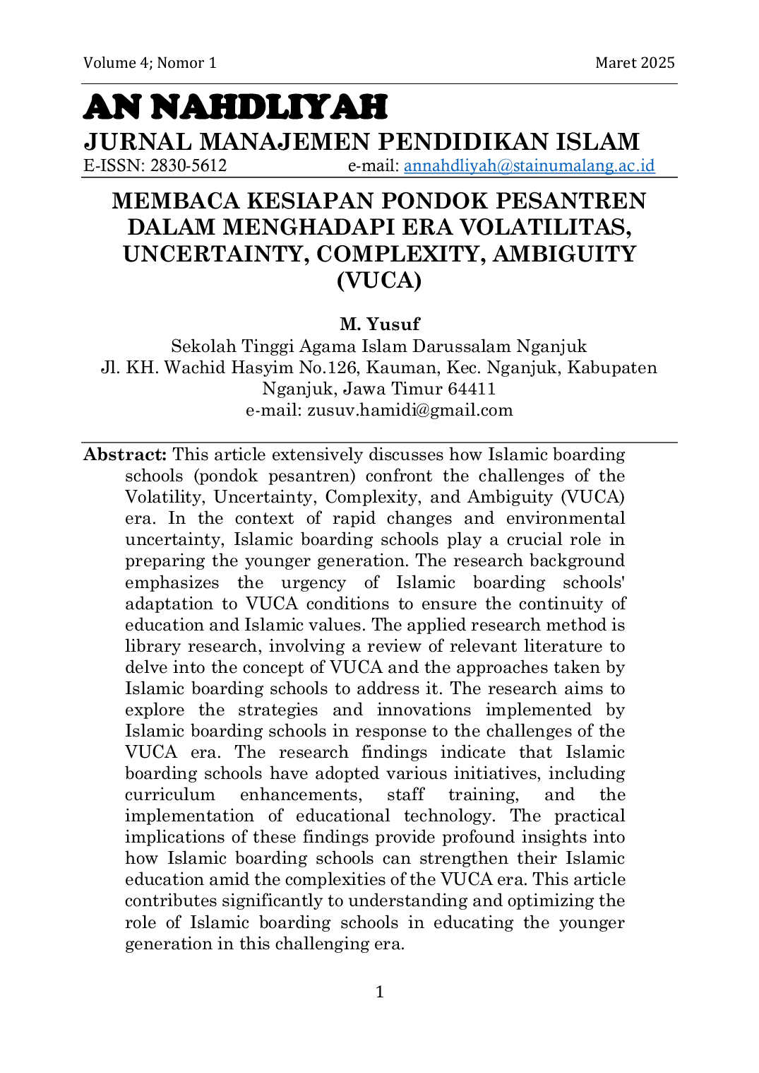 JURIS Membaca Kesiapan Pondok Pesantren dalam Menghadapi Era Volatilitas Uncertainty Complexity Ambiguity VUCA