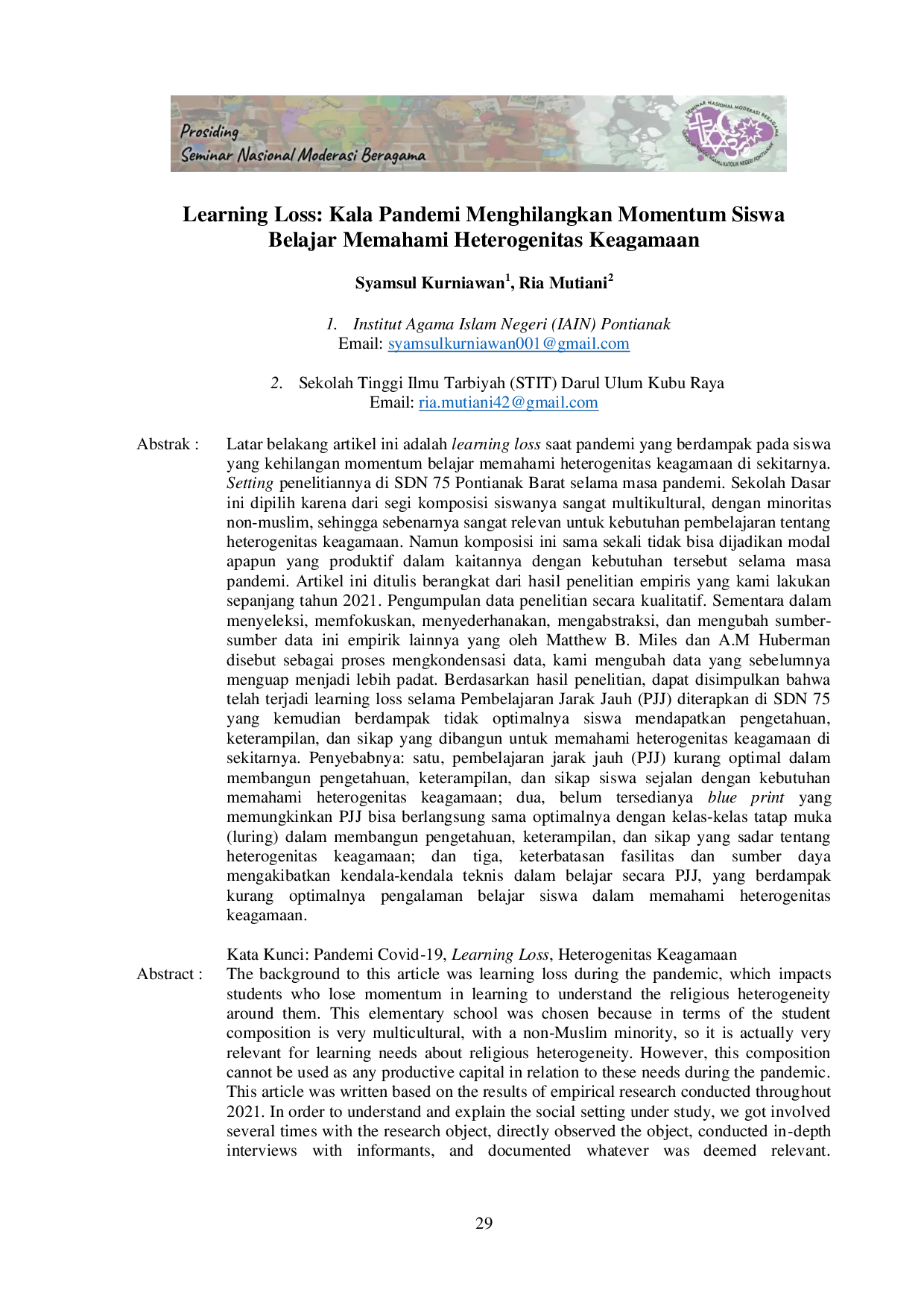JURIS Learning Loss Kala Pandemi Menghilangkan Momentum Siswa Belajar Memahami Heterogenitas Keagamaan