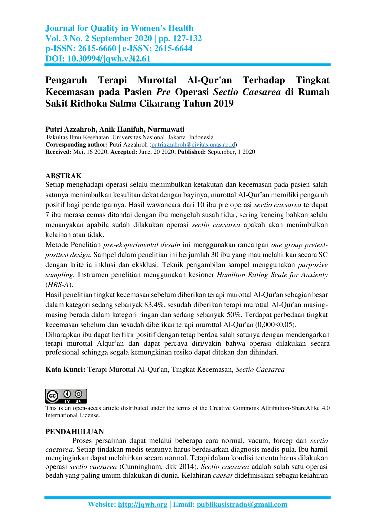 JURIS Pengaruh Terapi Murottal Al Qur an Terhadap Tingkat Kecemasan pada Pasien Pre Operasi Sectio Caesarea di Rumah Sakit Ridhoka Salma Cikarang Tahun 2019