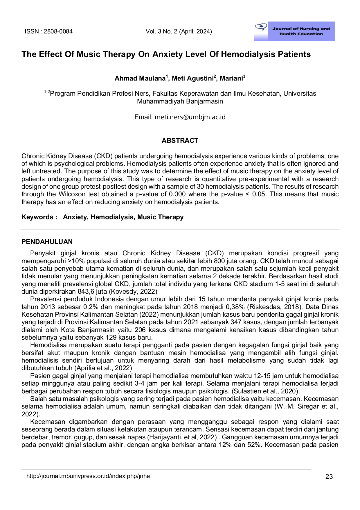 JURIS The Effect OF Music Therapy On Anxiety Level Of Hemodyalisis Patients