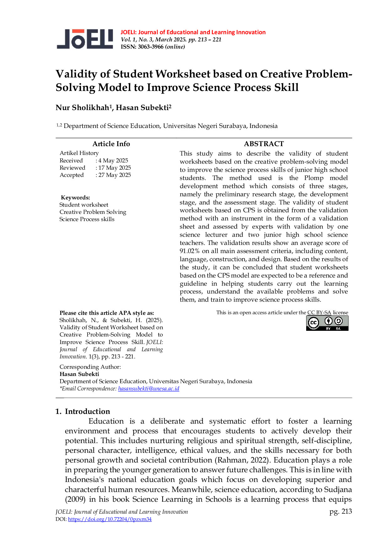 JURIS Validity of Student Worksheet based on Creative Problem Solving Model to Improve Science Process Skill