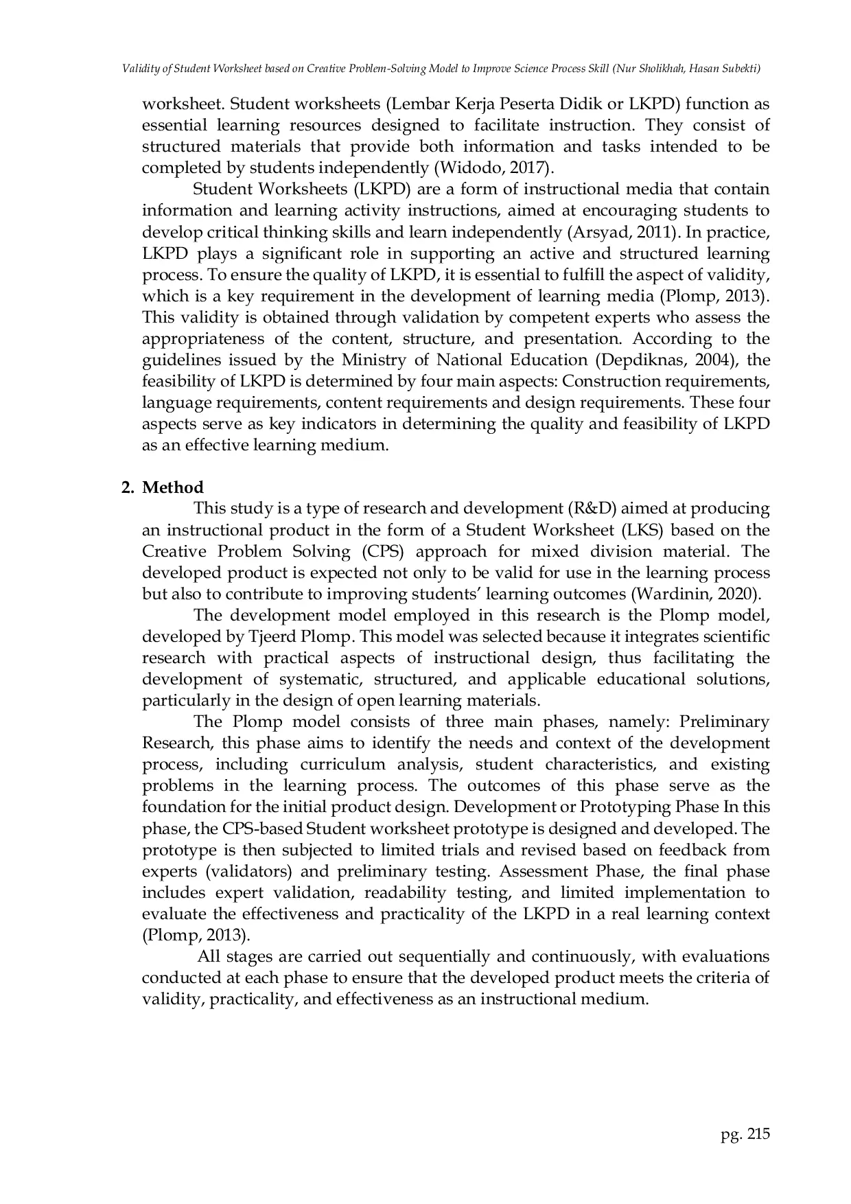 JURIS Validity of Student Worksheet based on Creative Problem Solving Model to Improve Science Process Skill