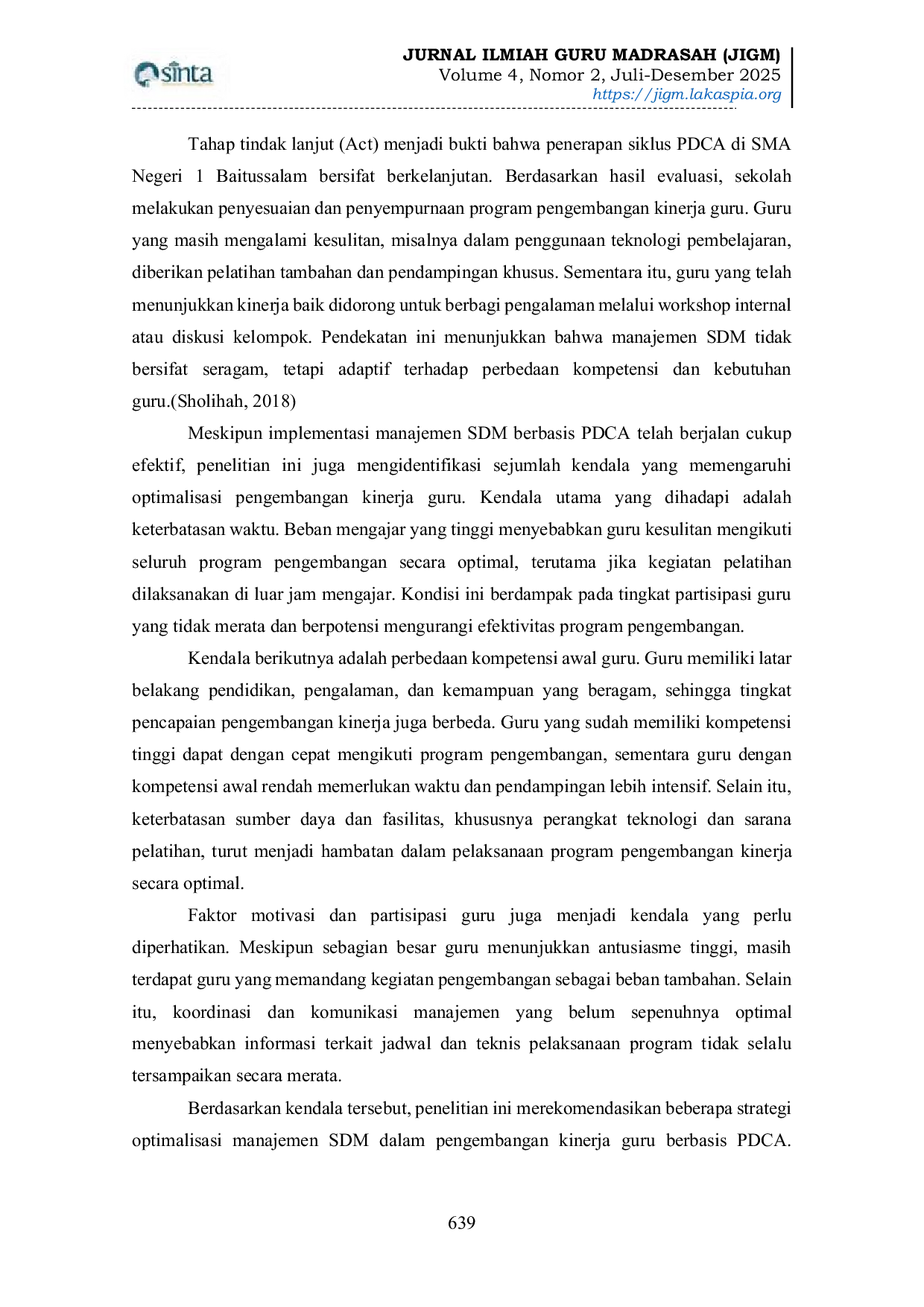 JURIS Optimalisasi SDM dalam Pengembangan Model Kinerja Guru Berbasis PDCA di SMA Negeri 1 Baitussalam