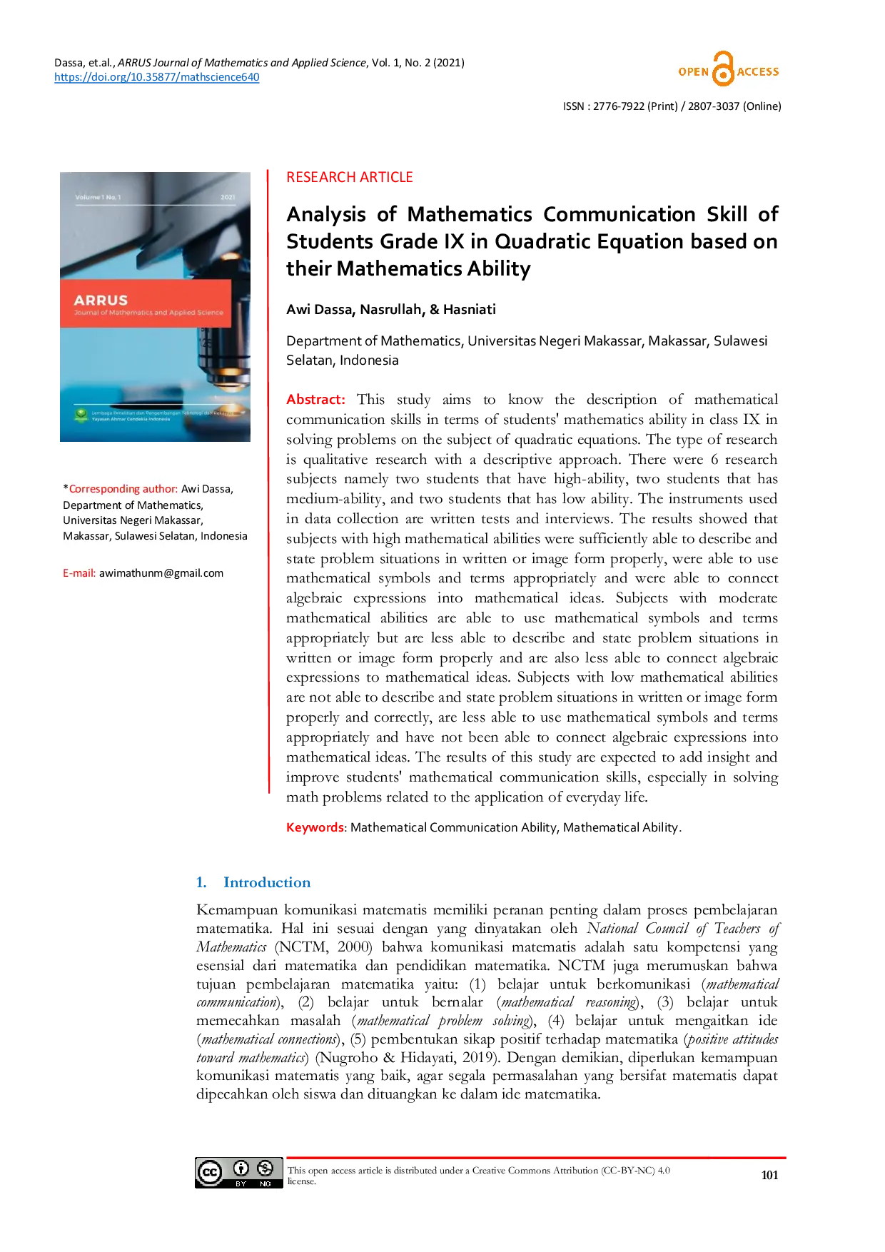 JURIS Analysis of Mathematics Communication Skill of Students Grade IX in Quadratic Equation based on their Mathematics Ability