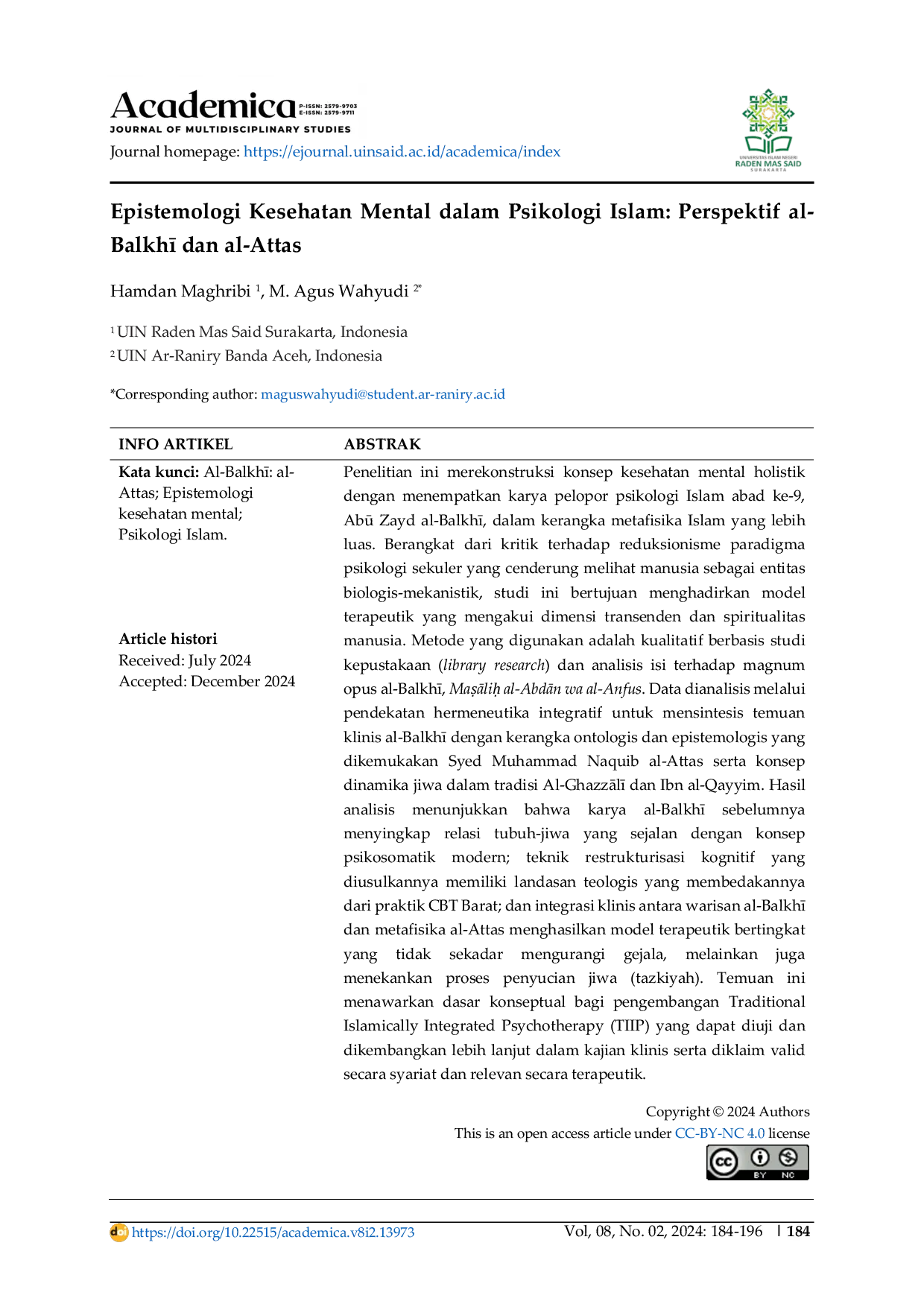 JURIS Epistemologi Kesehatan Mental dalam Psikologi Islam Perspektif al Balkh dan al Attas