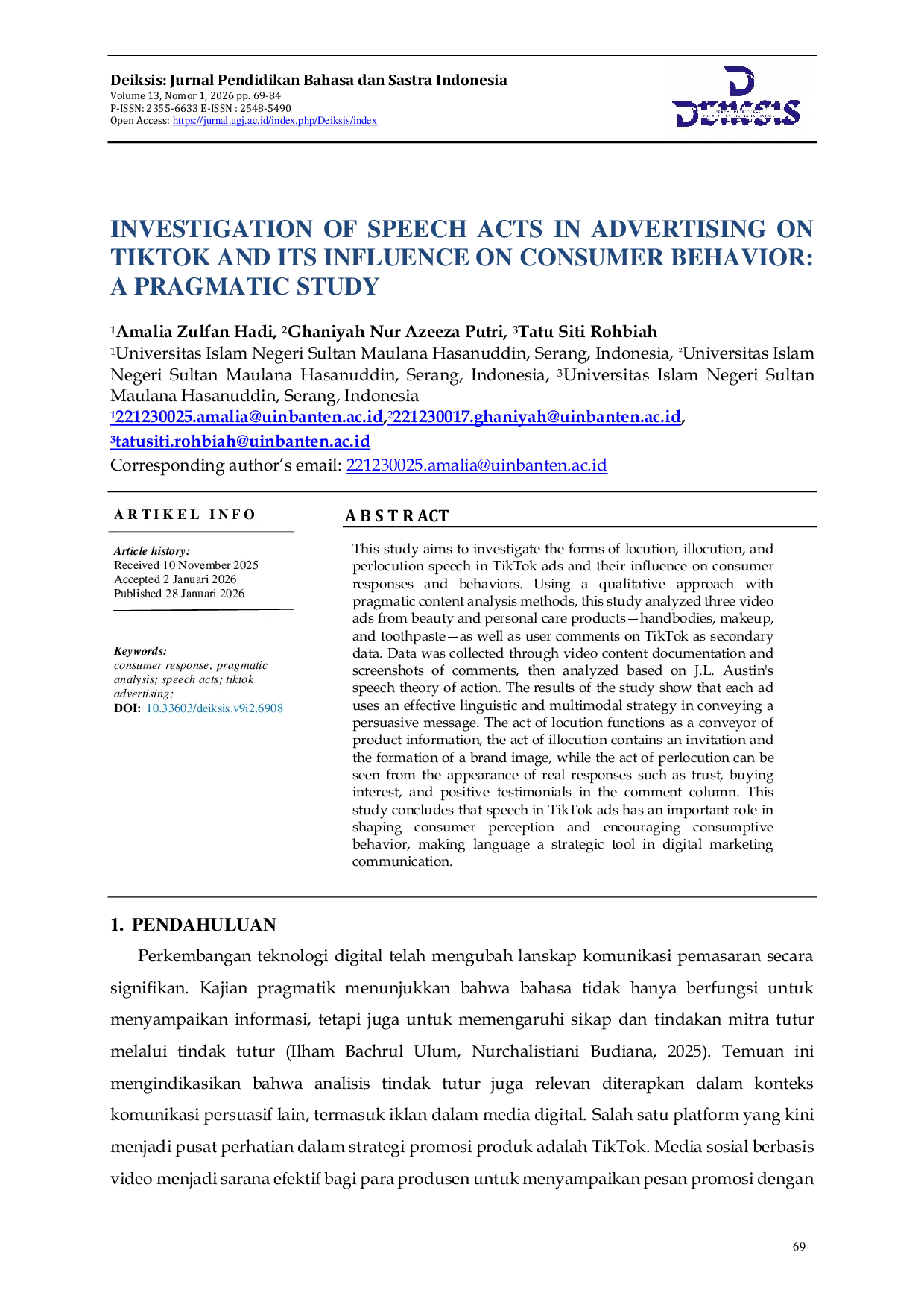 JURIS INVESTIGATION OF SPEECH ACTS IN ADVERTISING ON TIKTOK AND ITS INFLUENCE ON CONSUMER BEHAVIOR A PRAGMATIC STUDY