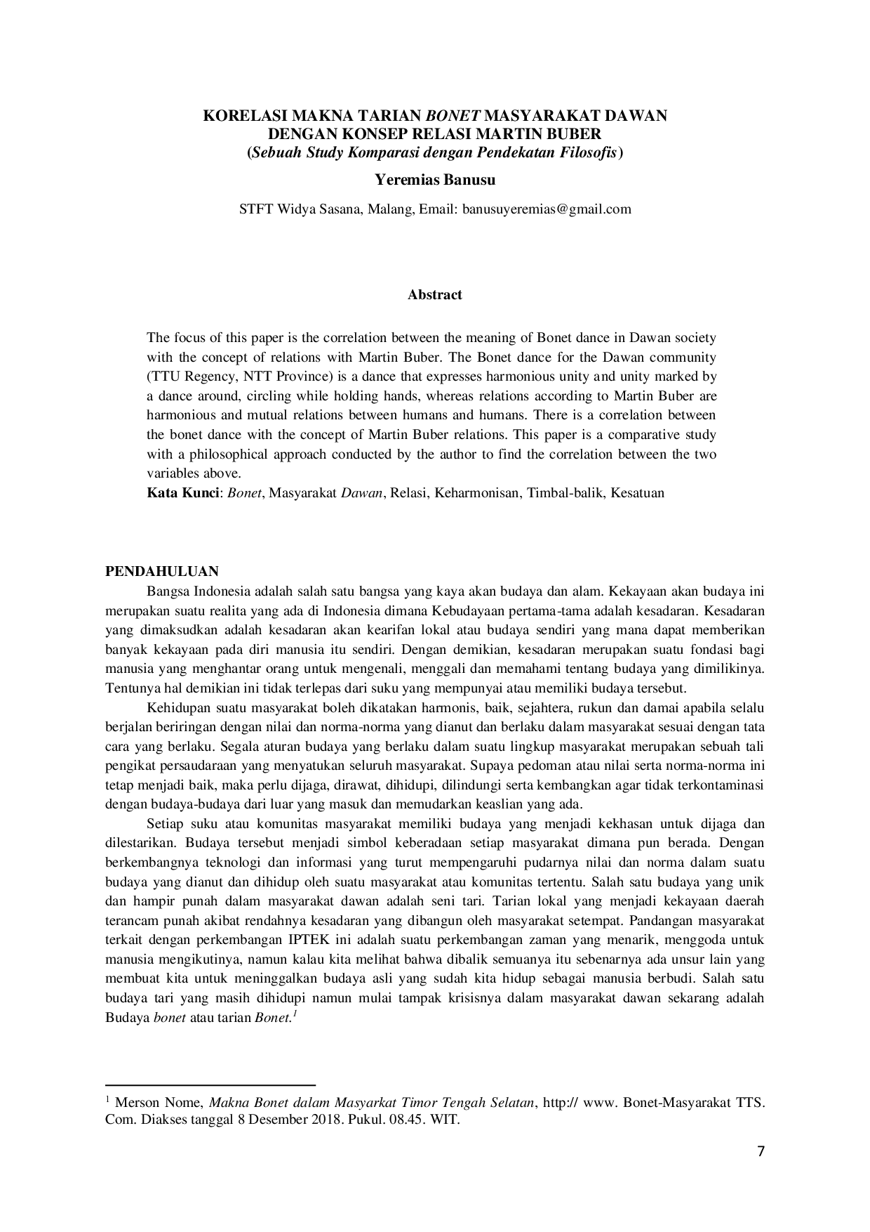 JURIS Korelasi Makna Tarian Bonet Masyarakat Dawan Dengan Konsep Relasi Martin Buber Sebuah Study Komparasi dengan Pendekatan Filosofis