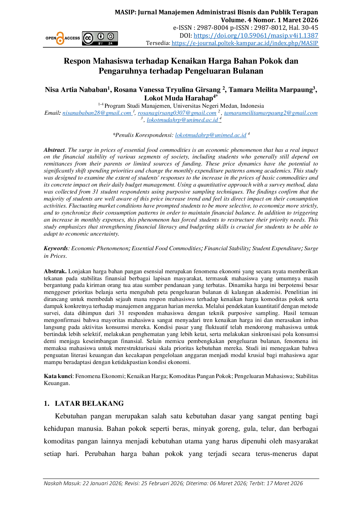JURIS Respon Mahasiswa terhadap Kenaikan Harga Bahan Pokok dan Pengaruhnya terhadap Pengeluaran Bulanan