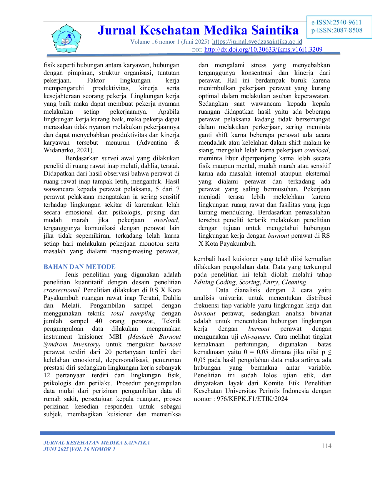 JURIS Lingkungan Kerja Berhubungan Dengan Burnout Perawat