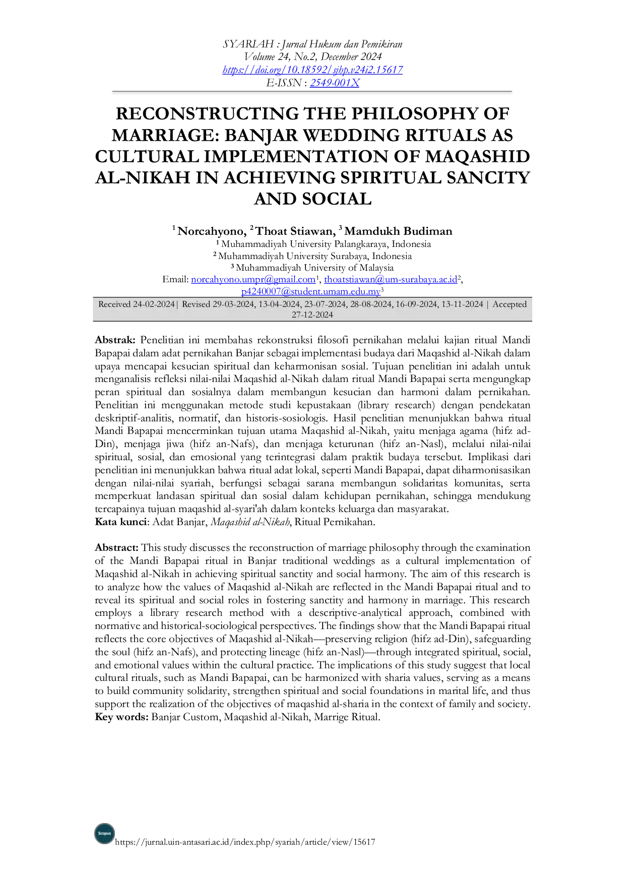 JURIS Merekonstruksi Filsafat Pernikahan Ritual Pernikahan Banjar sebagai Implementasi Budaya Maqashid al Nikah dalam Mencapai Kesucian Spiritual dan Harmoni Sosial