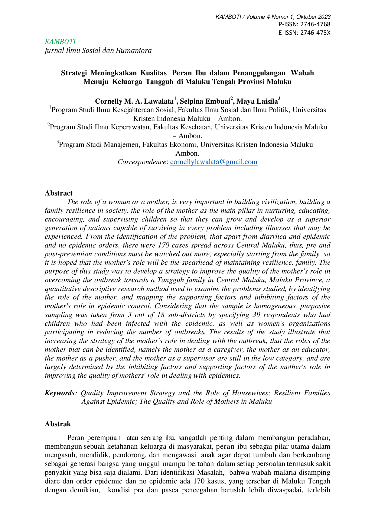 juris Strategi Meningkatkan Kualitas Peran Ibu dalam Penanggulangan Wabah Menuju Keluarga Tangguh di Maluku Tengah Provinsi Maluku