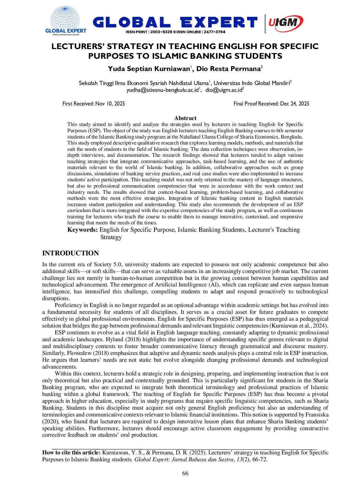 JURIS Lecturers Strategy in Teaching English for Specific Purposes to Islamic Banking Students