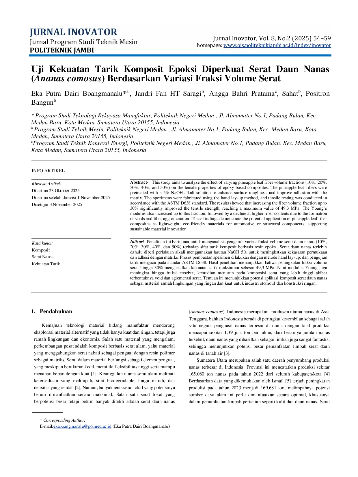 JURIS Uji Kekuatan Tarik Komposit Epoksi Diperkuat Serat Daun Nanas Ananas comosus Berdasarkan Variasi Fraksi Volume Serat