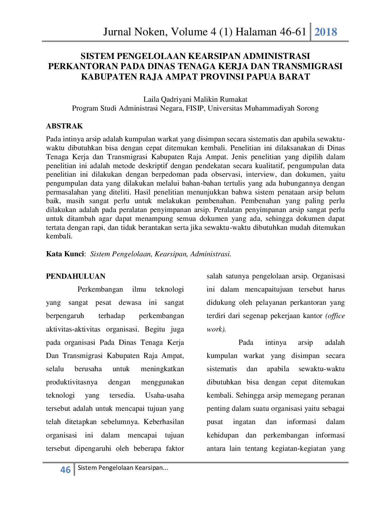 juris Sistem Pengelolaan Kearsipan Administrasi Perkantoran Pada Dinas Tenaga Kerja Dan Transmigrasi Kabupaten Raja Ampat Provinsi Papua Barat