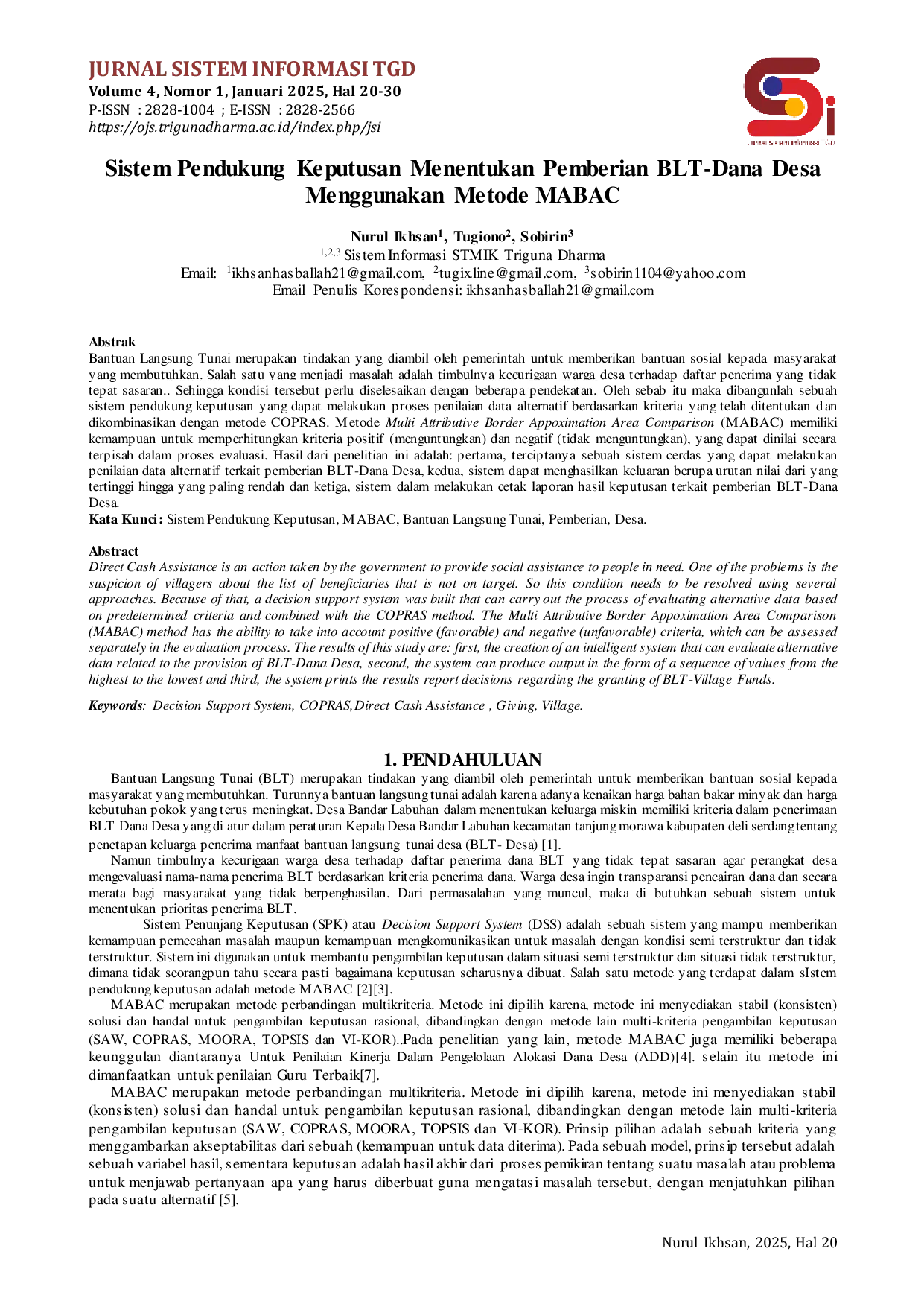 JURIS Sistem Pendukung Keputusan Menentukan Pemberian BLT Dana Desa Menggunakan Metode MABAC