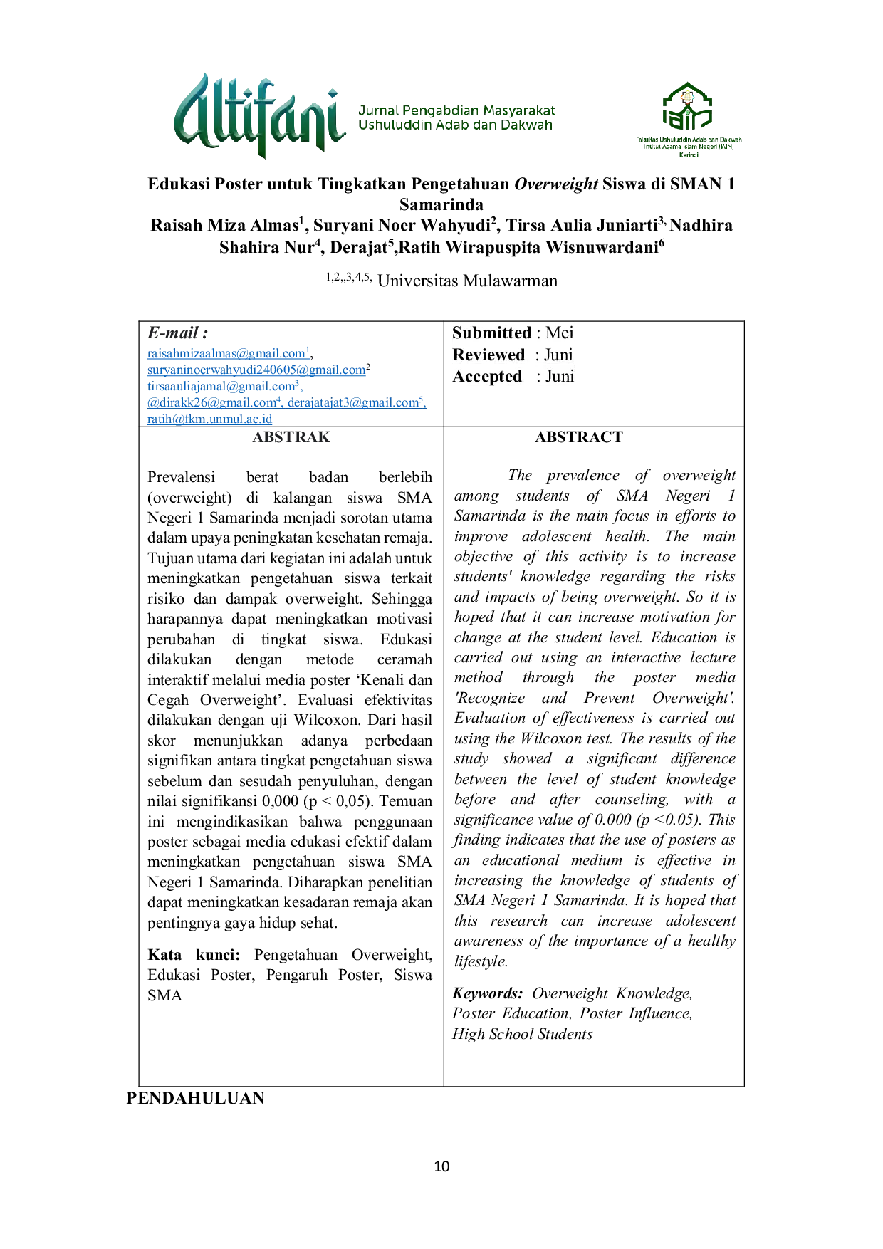 JURIS Edukasi Poster untuk Tingkatkan Pengetahuan Overweight Siswa di SMAN 1 Samarinda