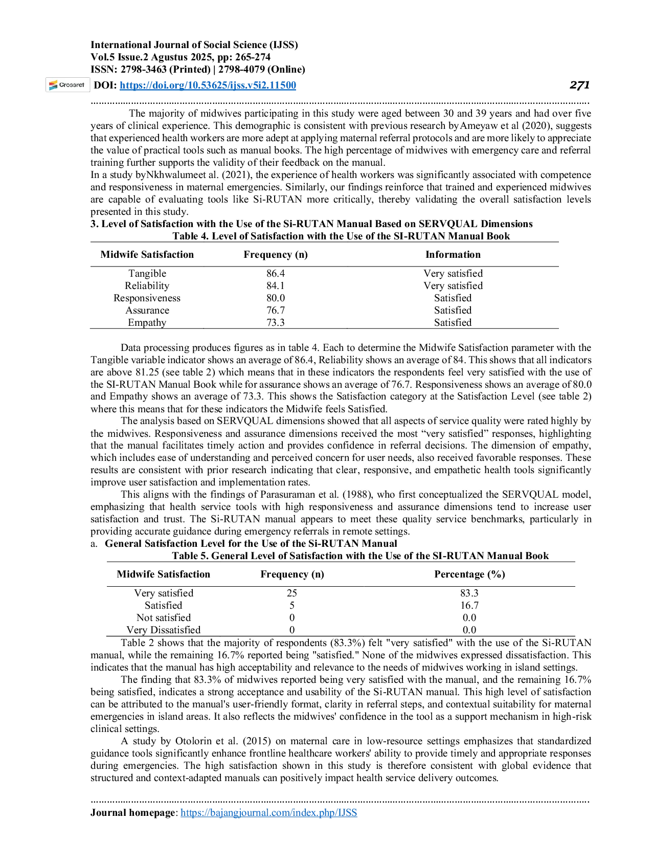 JURIS Dimensions of Midwives Satisfaction with the Manual Book of the Maternal Emergency Referral System in the Islands Si RUTAN