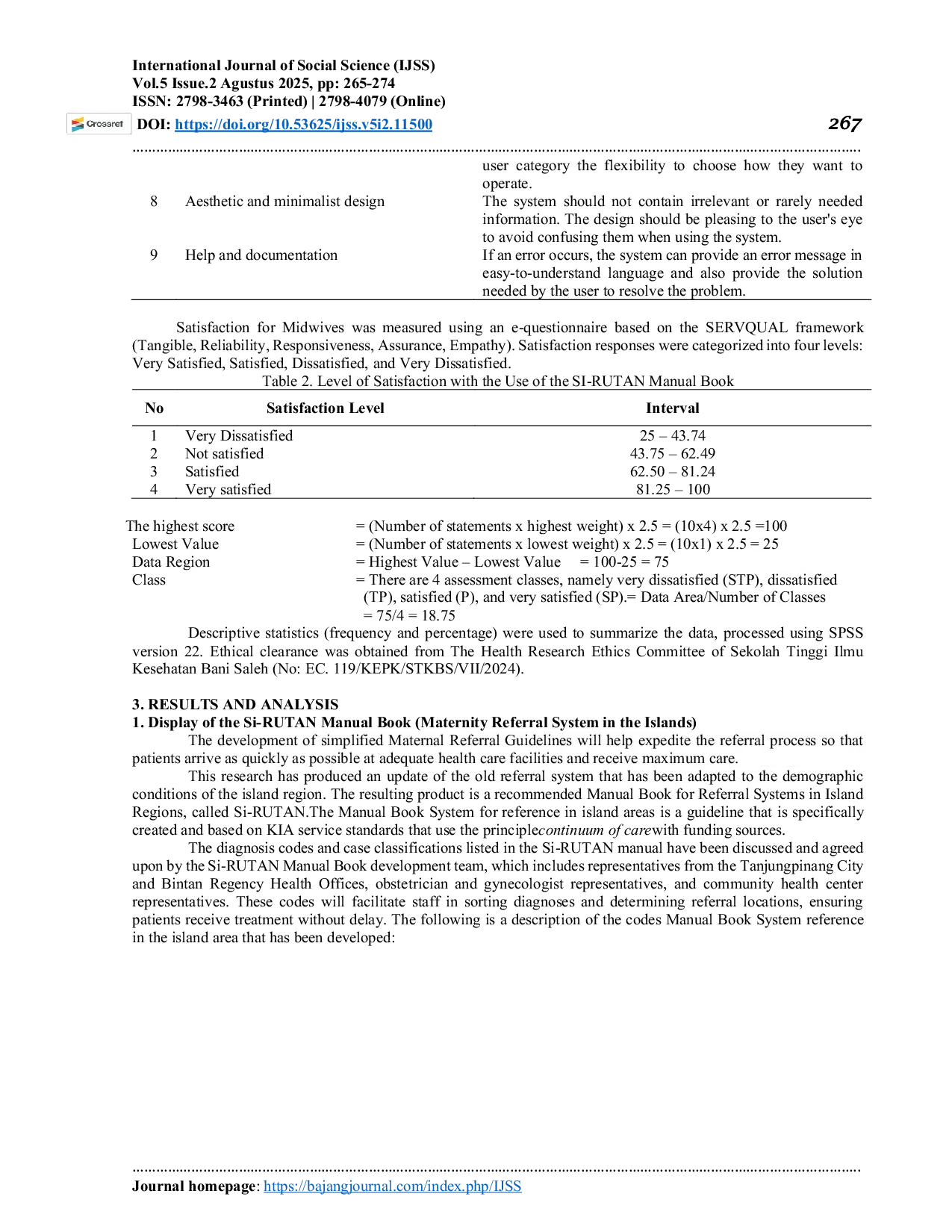 JURIS Dimensions of Midwives Satisfaction with the Manual Book of the Maternal Emergency Referral System in the Islands Si RUTAN