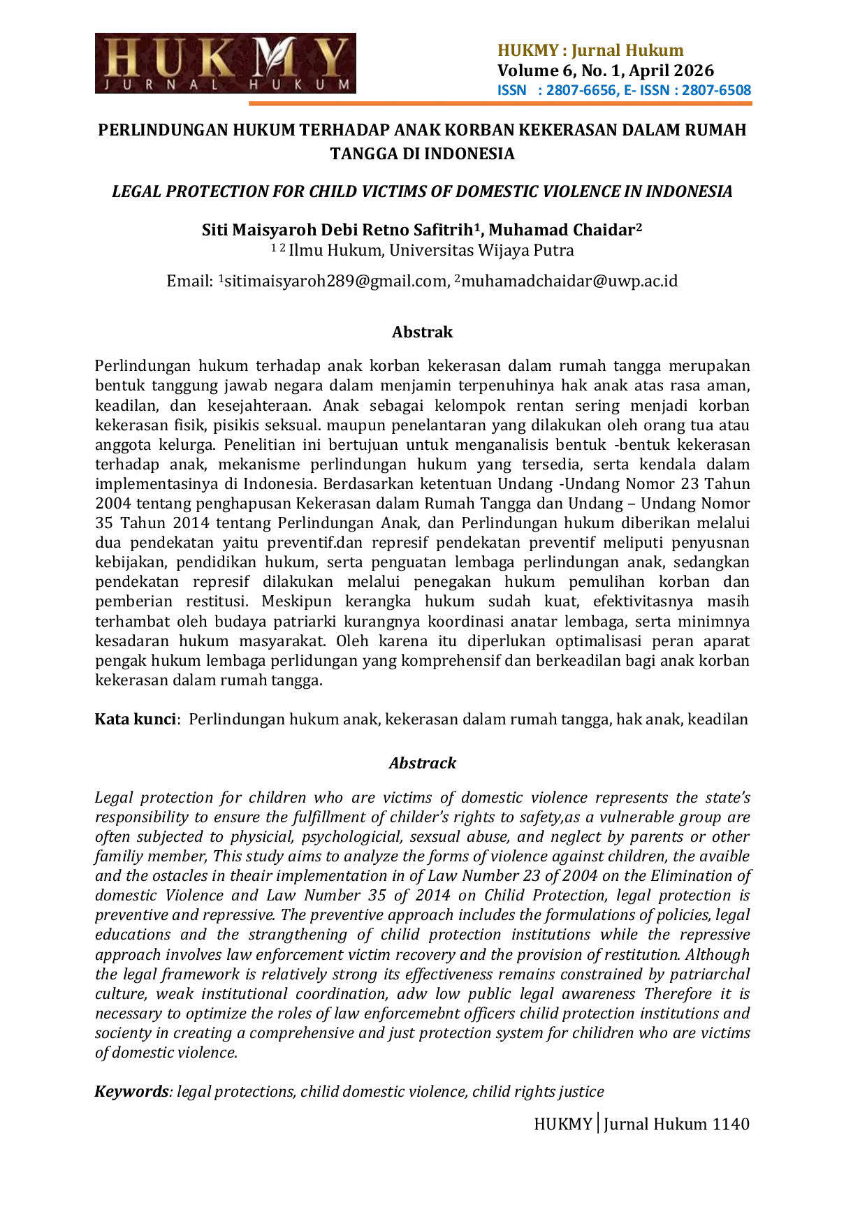 JURIS Perlindungan Hukum Terhadap Anak Korban Kekerasan Dalam Rumah Tangga Di Indonesia