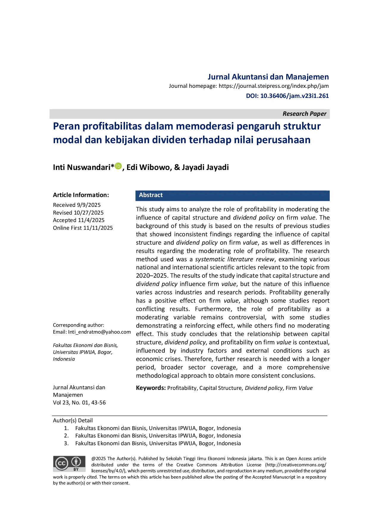 JURIS Peran Profitabilitas dalam Memoderasi Pengaruh Struktur Modal dan Kebijakan Dividen terhadap Nilai Perusahaan