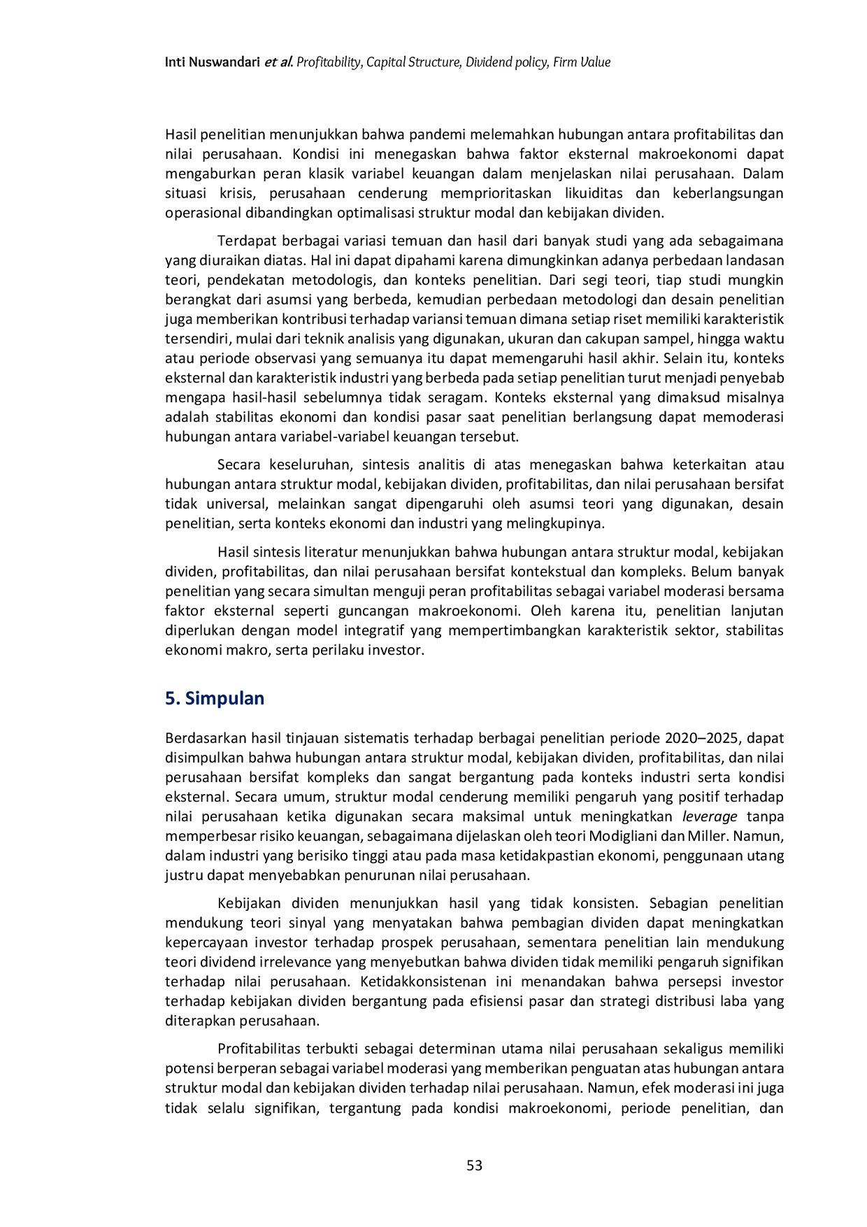 JURIS Peran Profitabilitas dalam Memoderasi Pengaruh Struktur Modal dan Kebijakan Dividen terhadap Nilai Perusahaan